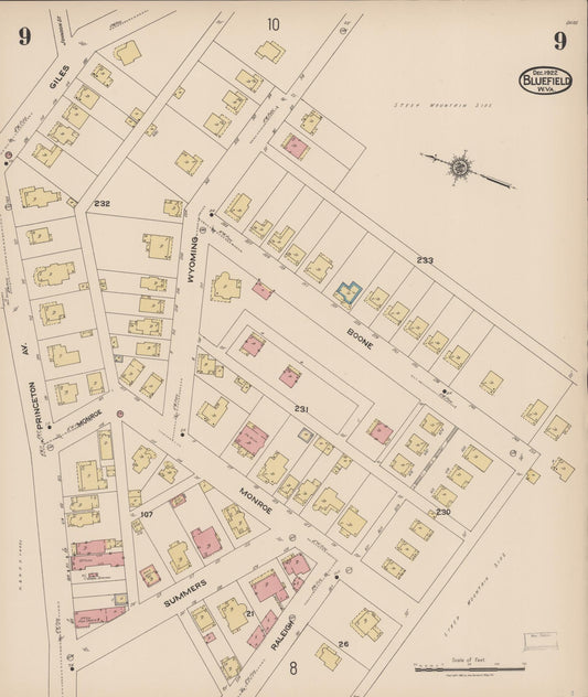 Sanborn Fire Insurance Map from Bluefield, Mercer County, West Virginia (1922), Sheet #0009 - Historic Sanborn Fire Insurance Map Print, vintage old map wall art, antique decor, genealogy gift, West Virginia West Virginia map