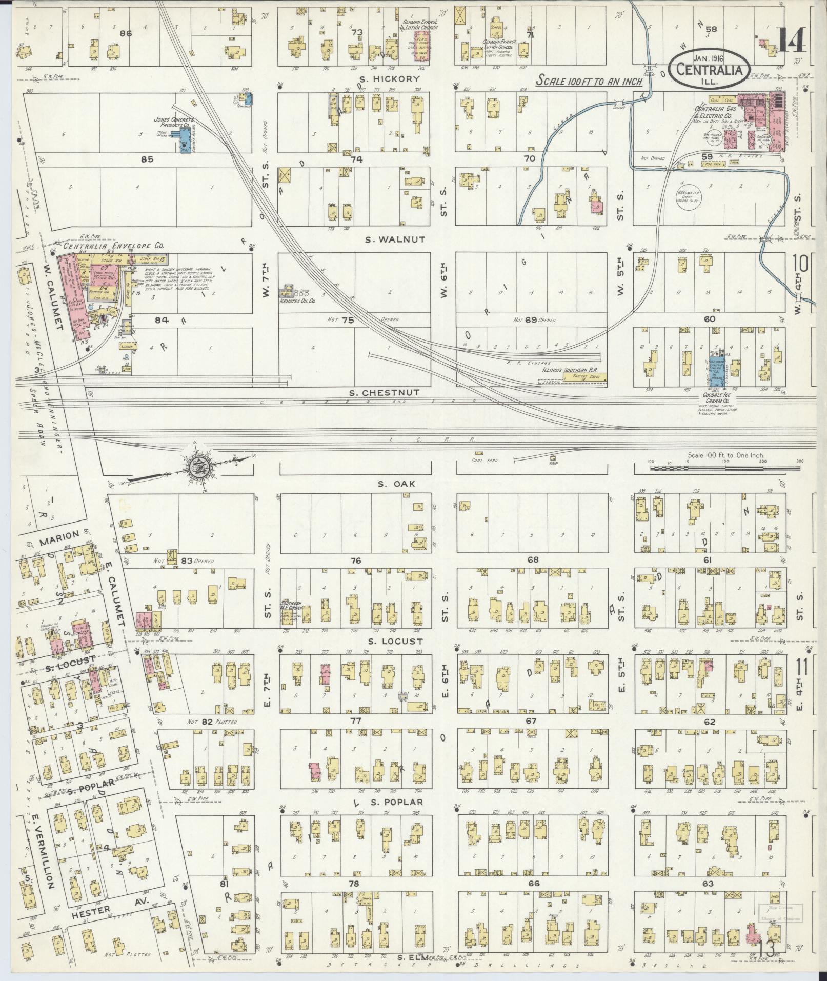 Sanborn Fire Insurance Map from Centralia, Marion, Clinton, Jefferson, and Washington Counties, Illinois (1916), Sheet #0014 - Historic Sanborn Fire Insurance Map Print, vintage old map wall art, antique decor, genealogy gift, Illinois Illinois map