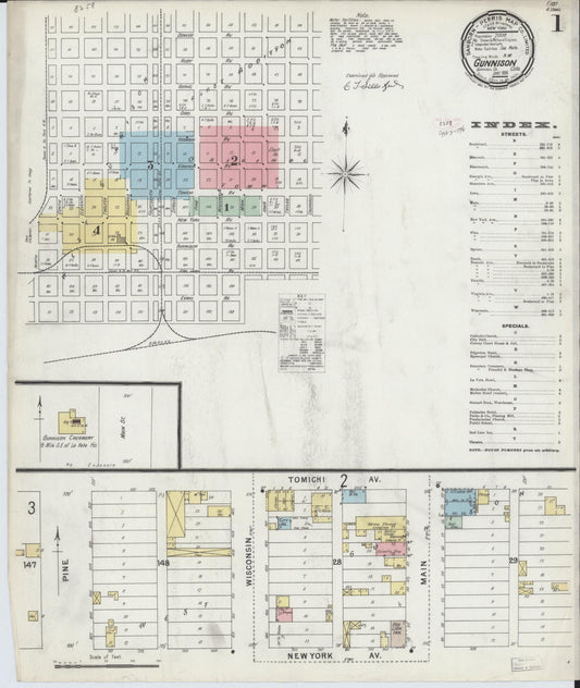Sanborn Fire Insurance Map from Gunnison, Gunnison County, Colorado (1896), Sheet #0001 - Complete Map Set gallery image, historic Sanborn map, vintage wall art, Colorado Colorado