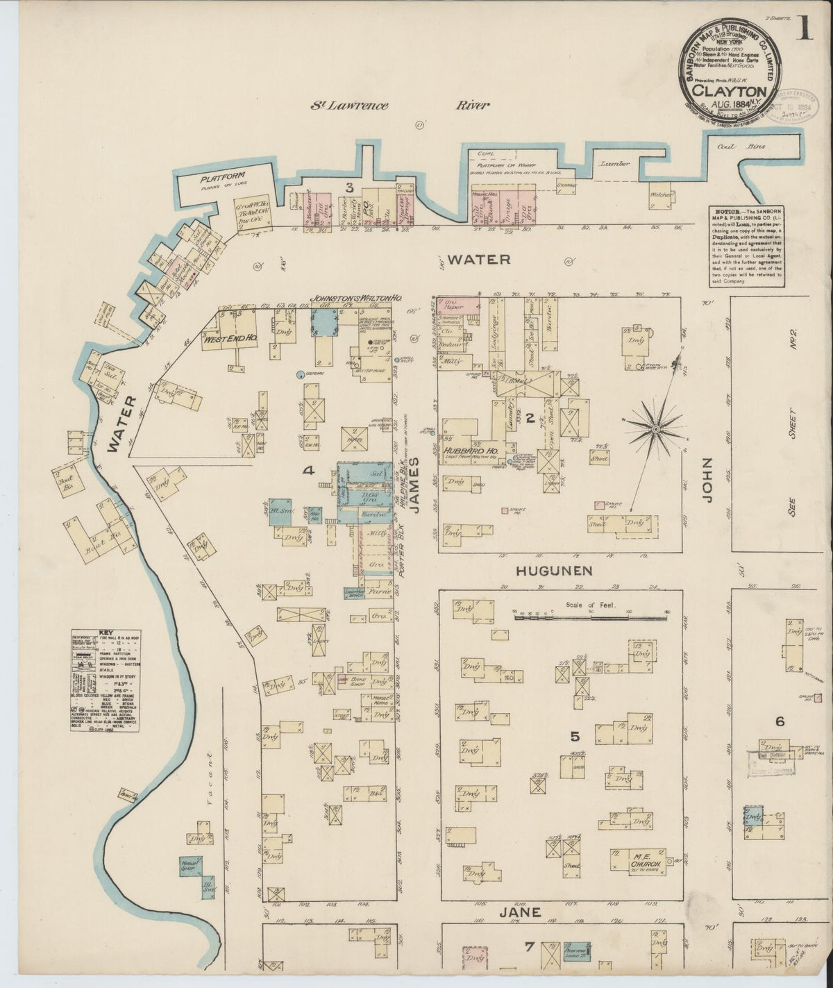 Sanborn Fire Insurance Map from Clayton, Jefferson County, New York (1884), Sheet #0001 - Complete Map Set gallery image, historic Sanborn map, vintage wall art, New York New York