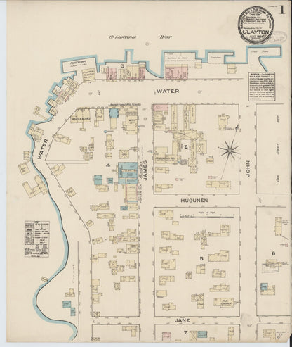 Sanborn Fire Insurance Map from Clayton, Jefferson County, New York (1884), Sheet #0001 - Complete Map Set gallery image, historic Sanborn map, vintage wall art, New York New York