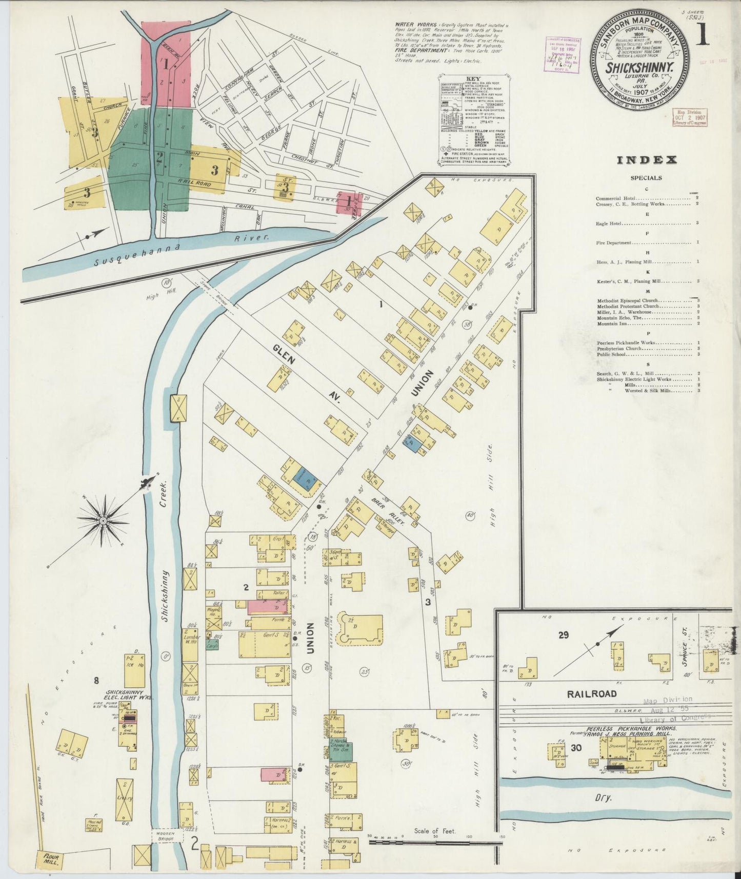 Sanborn Fire Insurance Map from Shickshinny, Luzerne County, Pennsylvania (1907), Sheet #0001 - Complete Map Set gallery image, historic Sanborn map, vintage wall art, Pennsylvania Pennsylvania