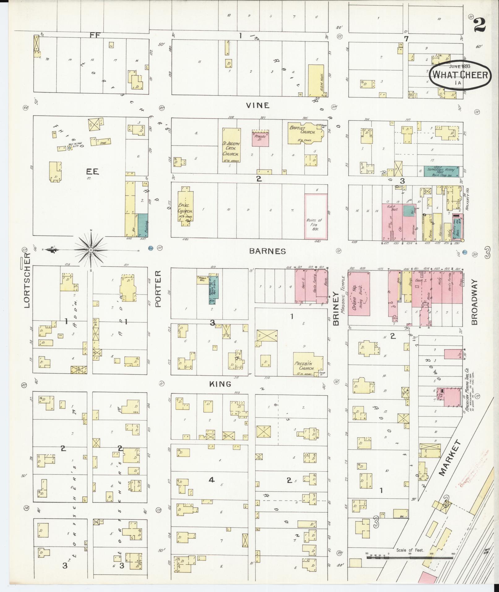 Sanborn Fire Insurance Map from What Cheer, Keokuk County, Iowa (1893), Sheet #0002 - Historic Sanborn Fire Insurance Map Print, vintage old map wall art