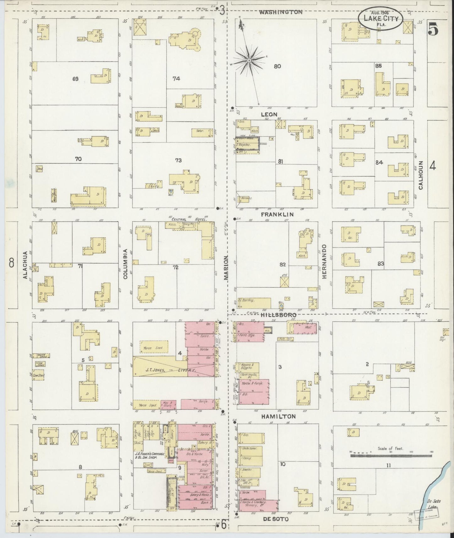 Sanborn Fire Insurance Map from Lake City, Columbia County, Florida (1906), Sheet #0005 - Complete Map Set gallery image, historic Sanborn map, vintage wall art, Florida Florida