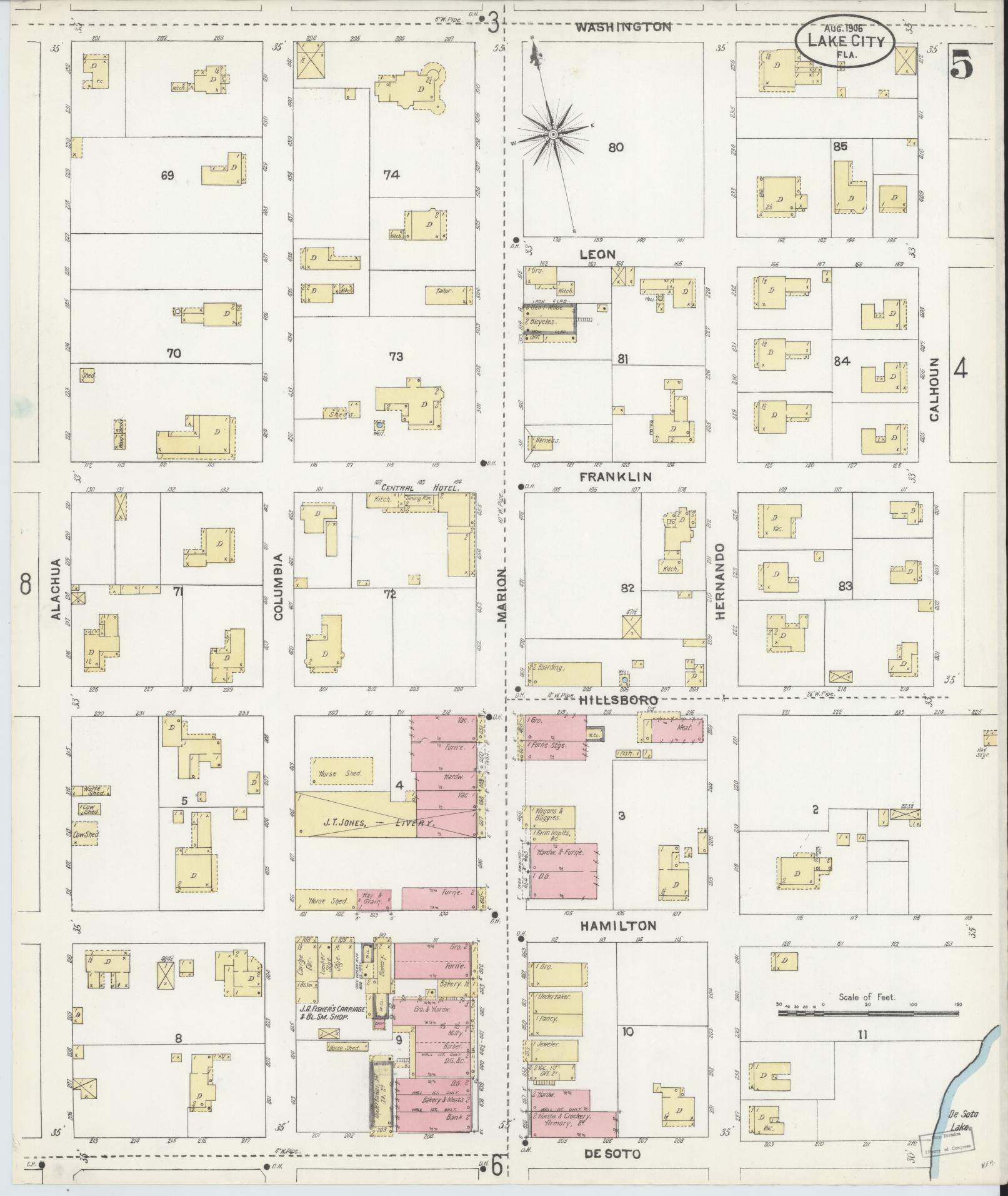 Sanborn Fire Insurance Map from Lake City, Columbia County, Florida (1906), Sheet #0005 - Complete Map Set gallery image, historic Sanborn map, vintage wall art, Florida Florida