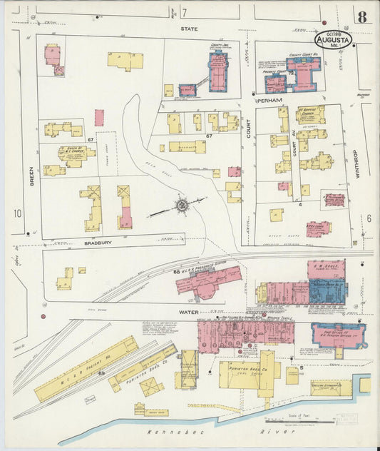 Sanborn Fire Insurance Map from Augusta, Kennebec County, Maine (1918), Sheet #0008 - Historic Sanborn Fire Insurance Map Print, vintage old map wall art, antique decor, genealogy gift, Maine Maine map