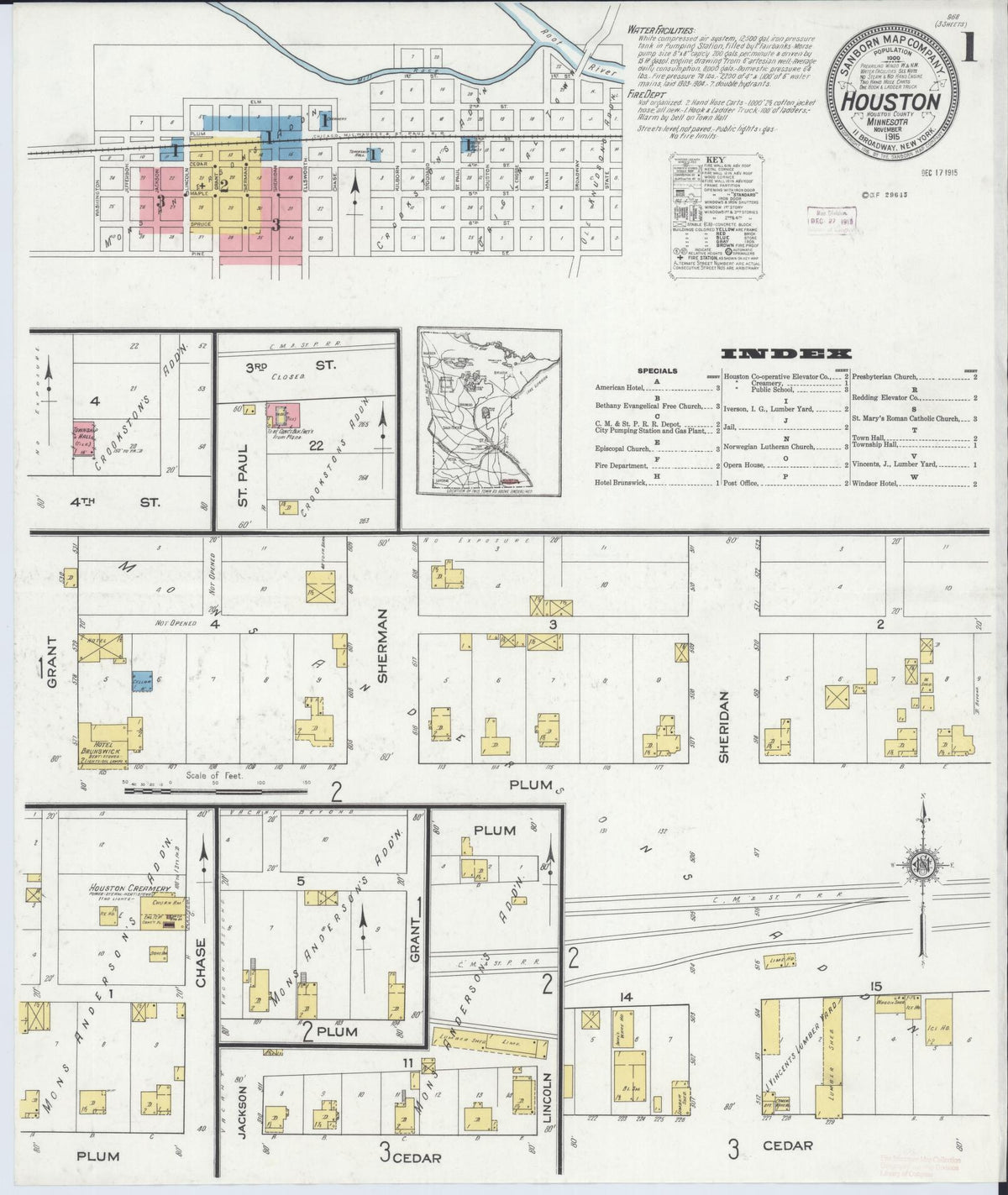 Sanborn Fire Insurance Map from Houston, Houston County, Minnesota (1915), Sheet #0001 - Complete Map Set gallery image, historic Sanborn map, vintage wall art, Minnesota Minnesota
