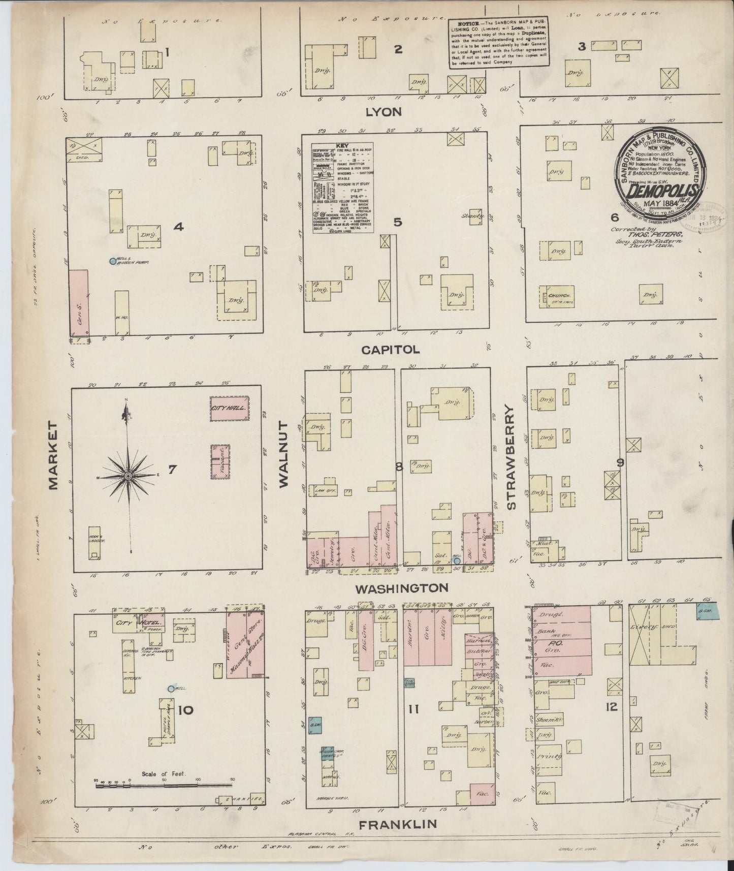 Sanborn Fire Insurance Map from Demopolis, Marengo County, Alabama (1884), Sheet #0001 - Historic Sanborn Fire Insurance Map Print, vintage old map wall art, antique decor, genealogy gift, Alabama Alabama map