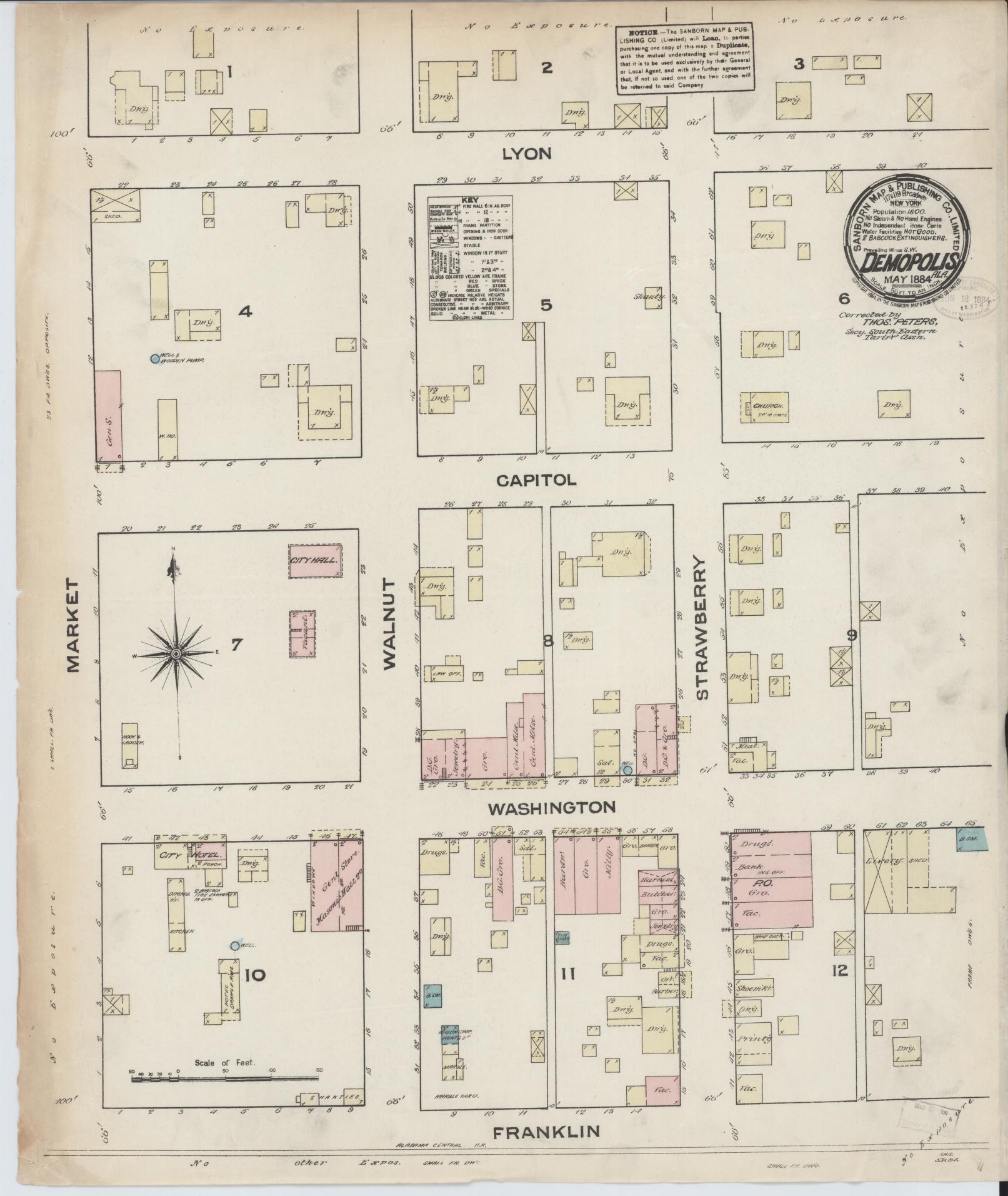Sanborn Fire Insurance Map from Demopolis, Marengo County, Alabama (1884), Sheet #0001 - Historic Sanborn Fire Insurance Map Print, vintage old map wall art, antique decor, genealogy gift, Alabama Alabama map