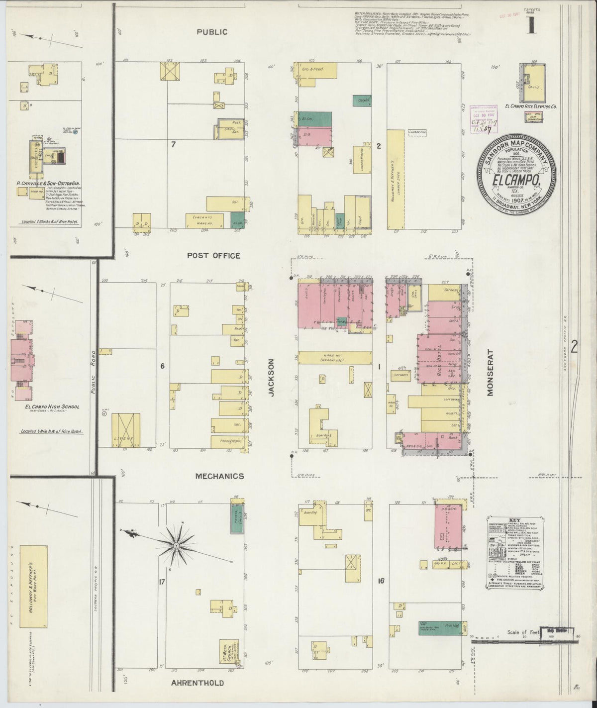 Sanborn Fire Insurance Map from El Campo, Wharton County, Texas (1907), Sheet #0001 - Complete Map Set gallery image, historic Sanborn map, vintage wall art, Texas Texas