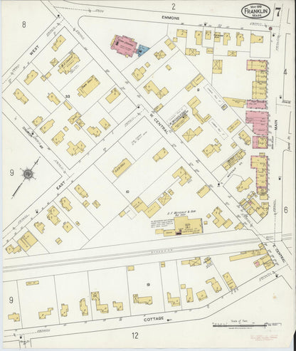 Sanborn Fire Insurance Map from Franklin, Norfolk County, Massachusetts (1919), Sheet #0007 - Historic Sanborn Fire Insurance Map Print, vintage old map wall art, antique decor, genealogy gift, Massachusetts Massachusetts map