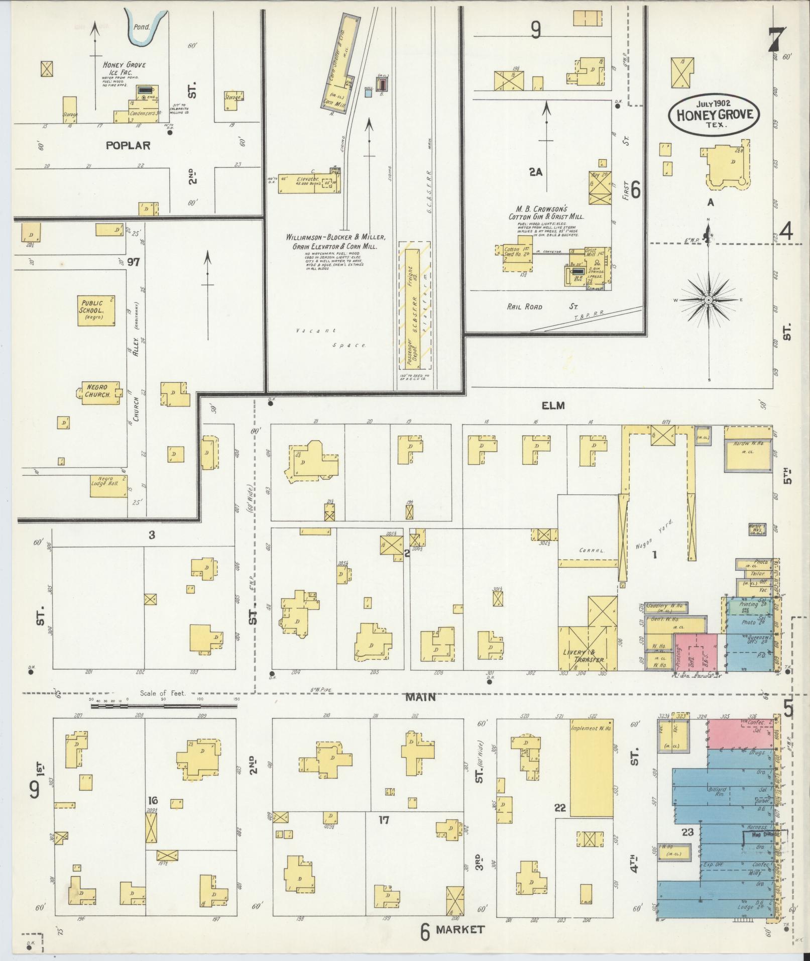 Sanborn Fire Insurance Map from Honey Grove, Fannin County, Texas (1902), Sheet #0007 - Complete Map Set gallery image, historic Sanborn map, vintage wall art, Texas Texas