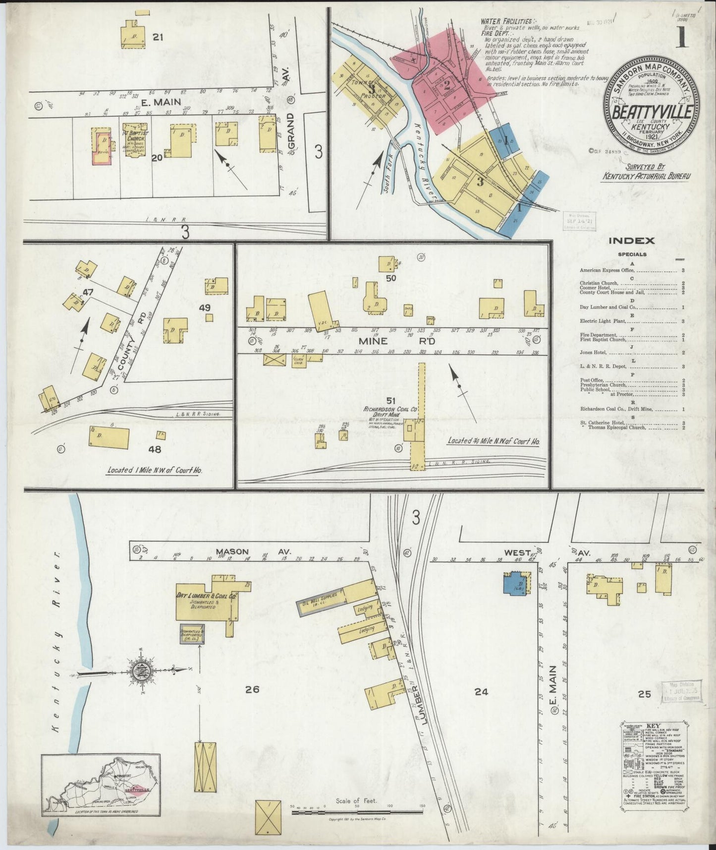 Sanborn Fire Insurance Map from Beattyville, Lee County, Kentucky (1921), Sheet #0001 - Complete Map Set gallery image, historic Sanborn map, vintage wall art, Kentucky Kentucky