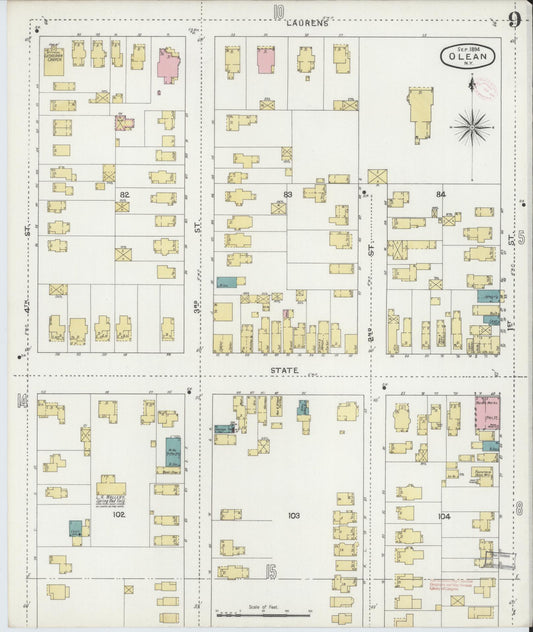 Sanborn Fire Insurance Map from Olean, Cattaraugus County, New York (1894), Sheet #0009 - Historic Sanborn Fire Insurance Map Print, vintage old map wall art, antique decor, genealogy gift, New York New York map