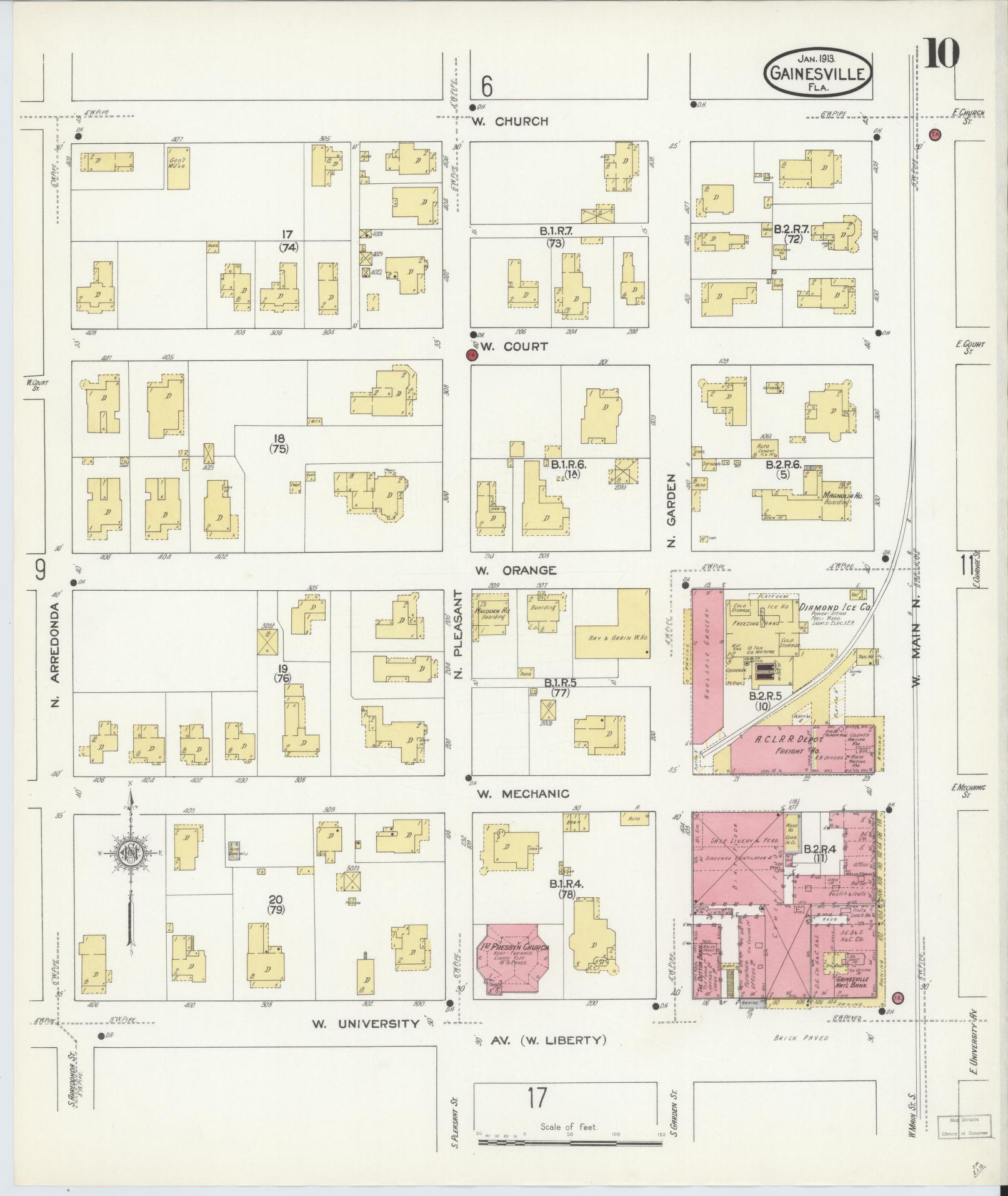 Sanborn Fire Insurance Map from Gainesville, Alachua County, Florida (1913), Sheet #0010 - Complete Map Set gallery image, historic Sanborn map, vintage wall art, Florida Florida