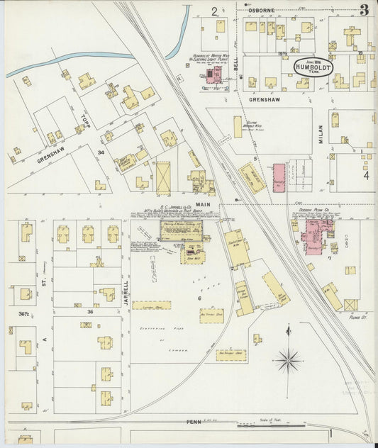 Sanborn Fire Insurance Map from Humboldt, Gibson County, Tennessee (1896), Sheet #0003 - Historic Sanborn Fire Insurance Map Print, vintage old map wall art, antique decor, genealogy gift, Tennessee Tennessee map