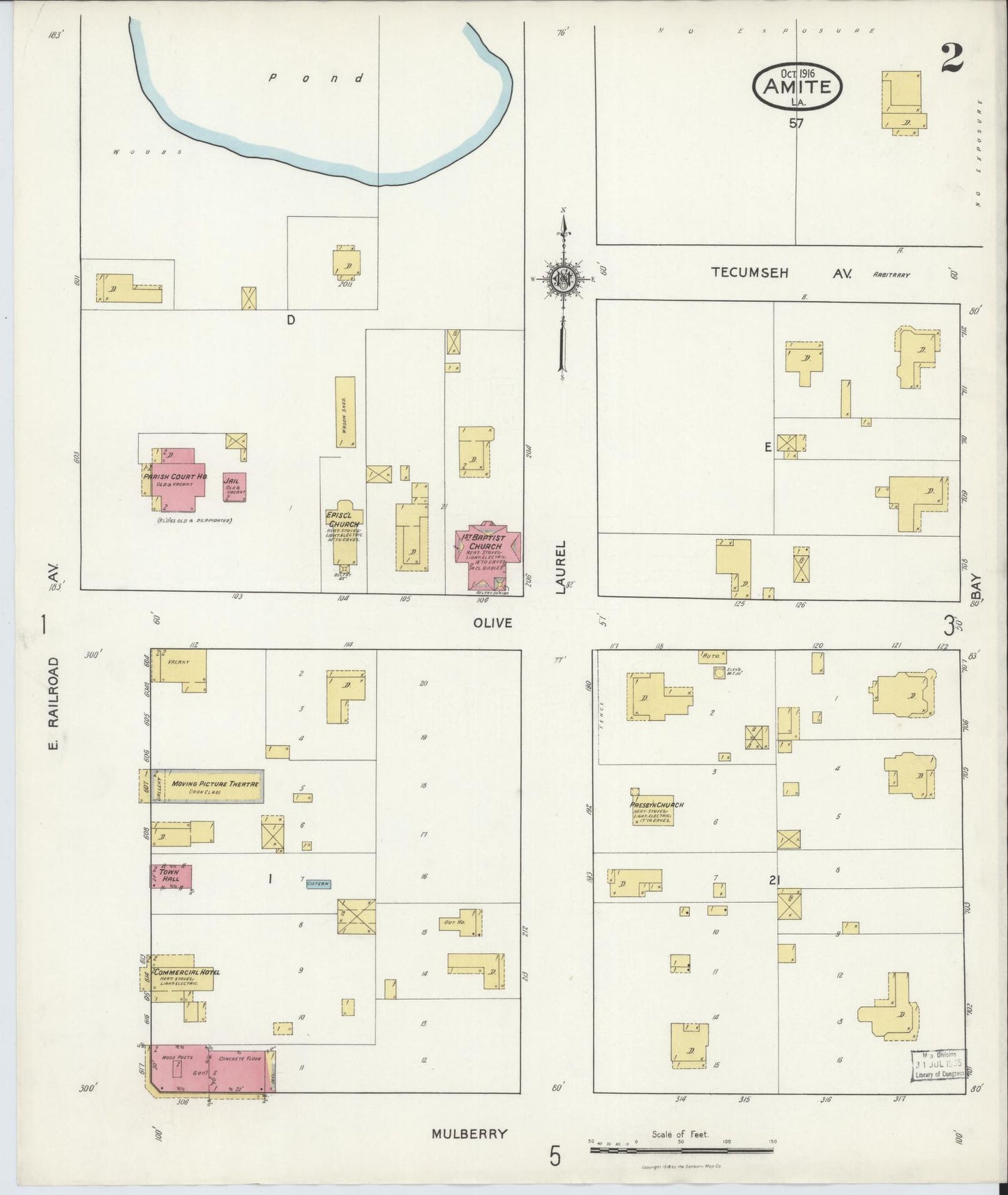 Sanborn Fire Insurance Map from Amite, Tangipahoa Parish, Louisiana (1916), Sheet #0002 - Historic Sanborn Fire Insurance Map Print, vintage old map wall art, antique decor, genealogy gift, Louisiana Louisiana map