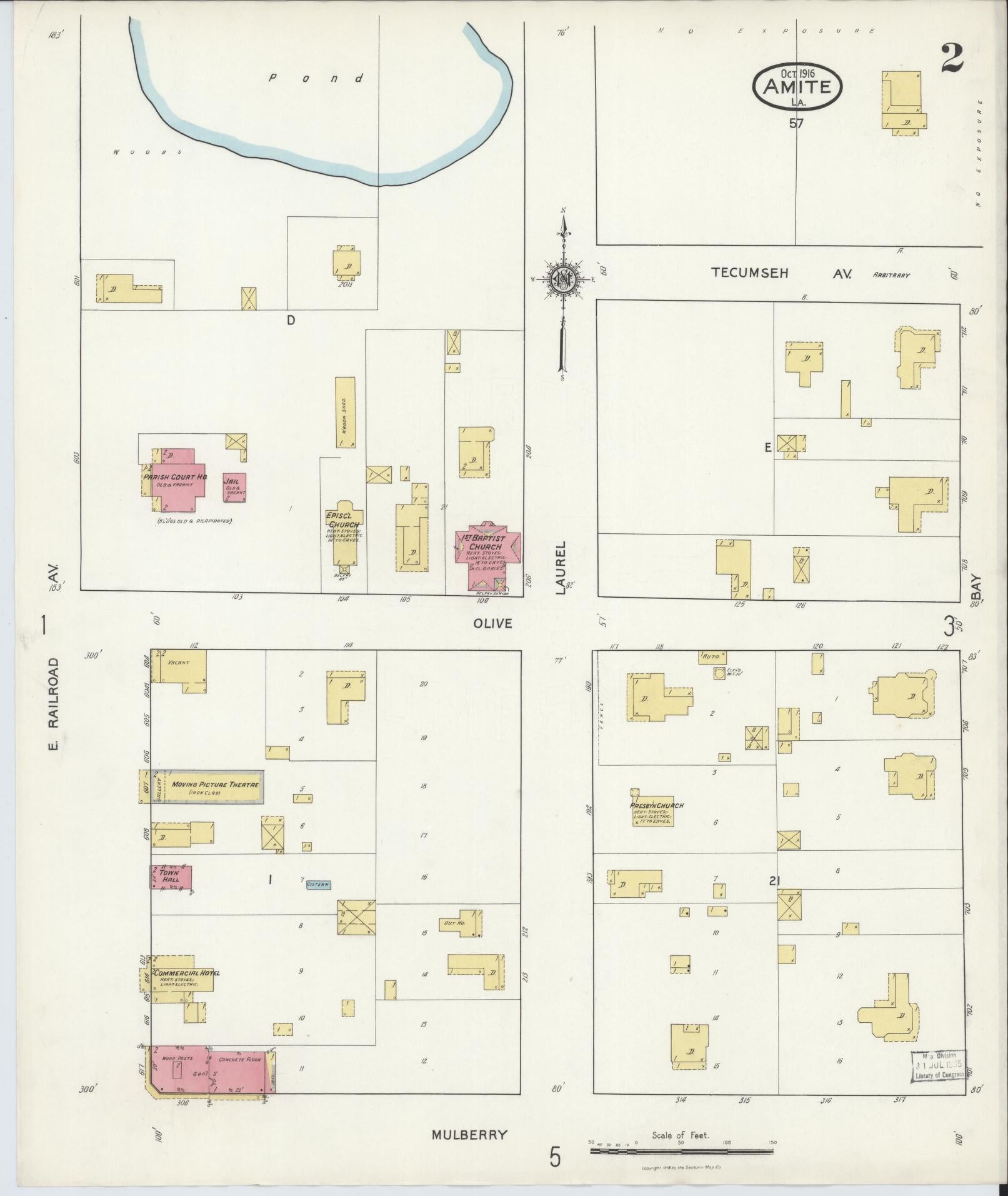 Sanborn Fire Insurance Map from Amite, Tangipahoa Parish, Louisiana (1916), Sheet #0002 - Historic Sanborn Fire Insurance Map Print, vintage old map wall art, antique decor, genealogy gift, Louisiana Louisiana map