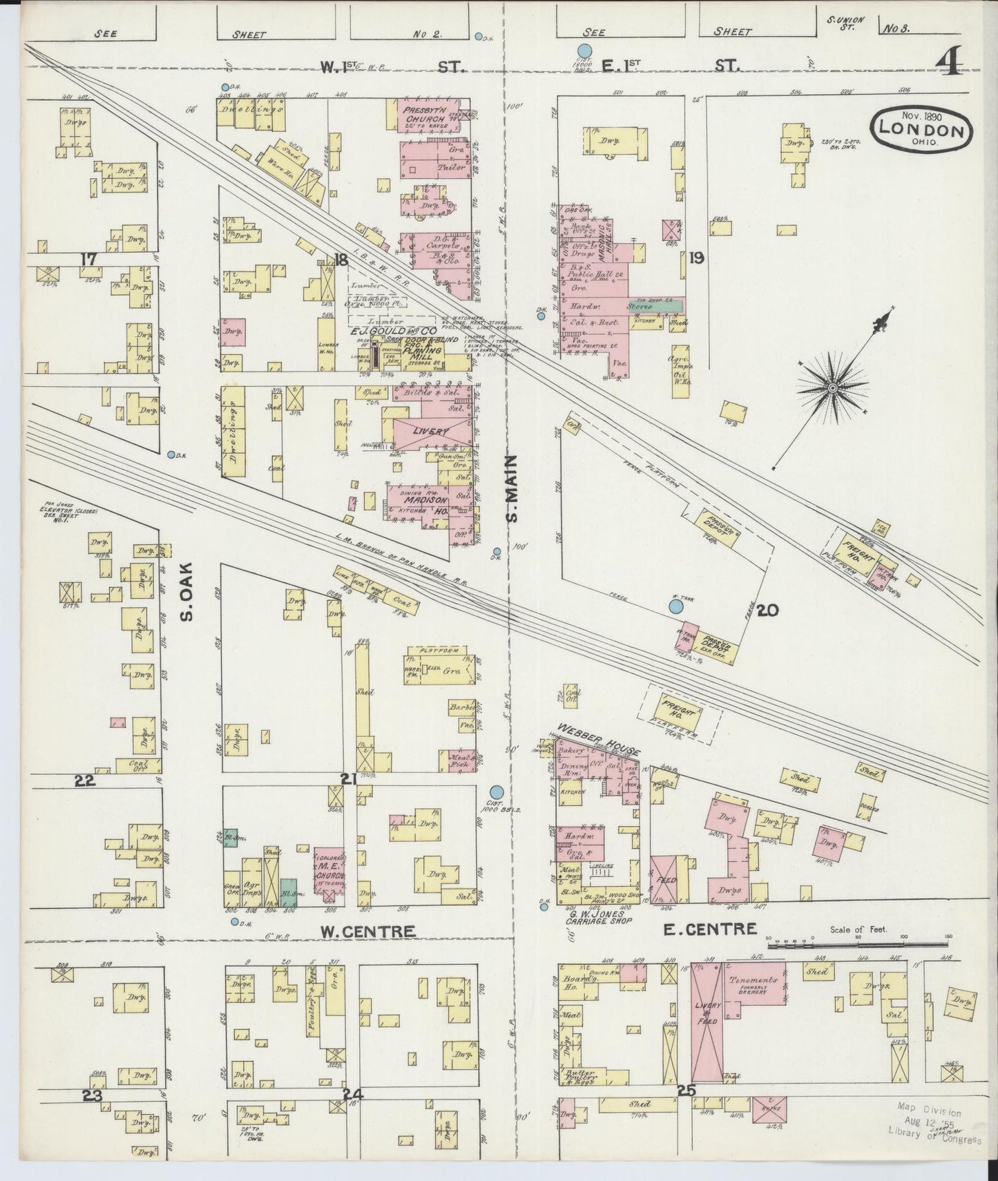 Sanborn Fire Insurance Map from London, Madison County, Ohio (1890), Sheet #0004 - Historic Sanborn Fire Insurance Map Print, vintage old map wall art, antique decor, genealogy gift, Ohio Ohio map