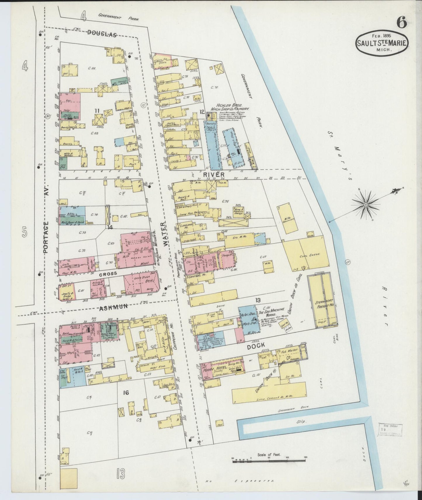 Sanborn Fire Insurance Map from Sault Sainte Marie, Chippewa County, Michigan (1895), Sheet #0006 - Historic Sanborn Fire Insurance Map Print, vintage old map wall art, antique decor, genealogy gift, Michigan Michigan map