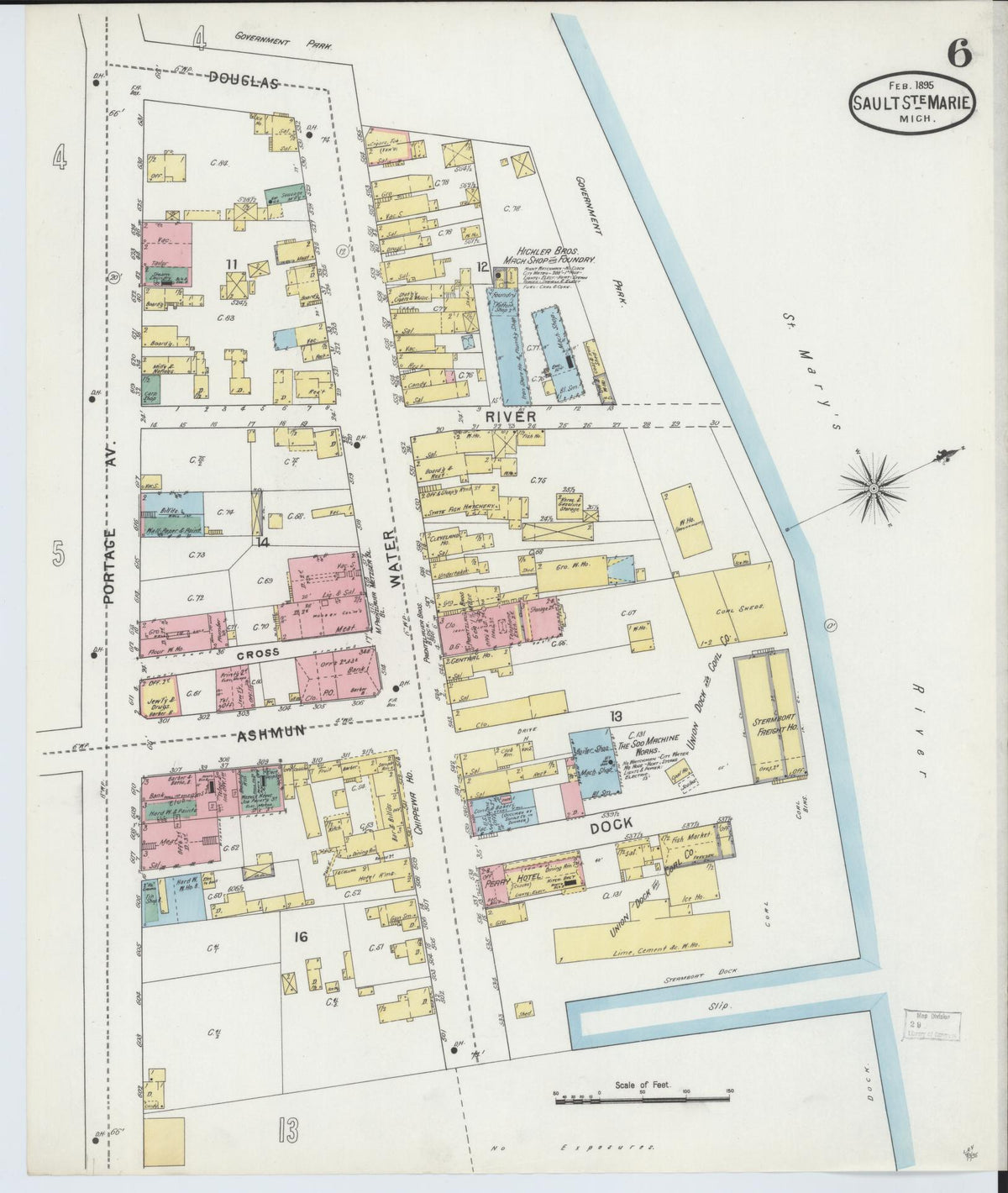 Sanborn Fire Insurance Map from Sault Sainte Marie, Chippewa County, Michigan (1895), Sheet #0006 - Historic Sanborn Fire Insurance Map Print, vintage old map wall art, antique decor, genealogy gift, Michigan Michigan map