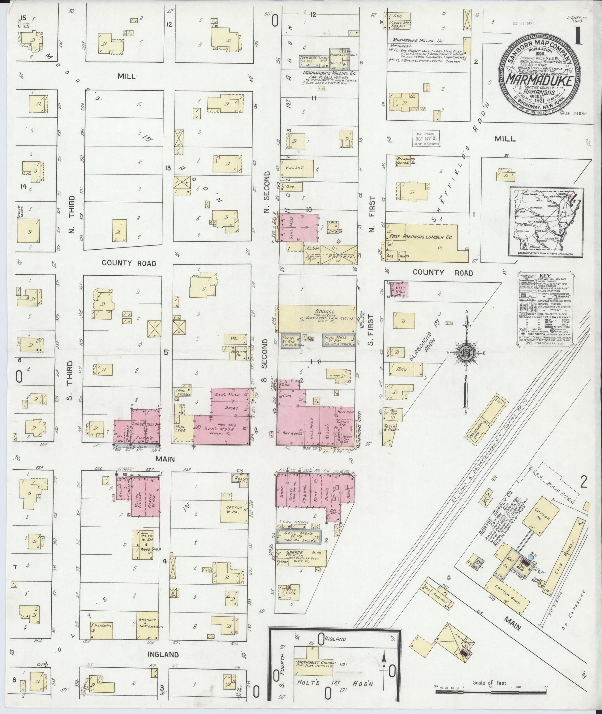 Sanborn Fire Insurance Map from Marmaduke, Greene County, Arkansas (1921), Sheet #0001 - Complete Map Set gallery image, historic Sanborn map, vintage wall art, Arkansas Arkansas