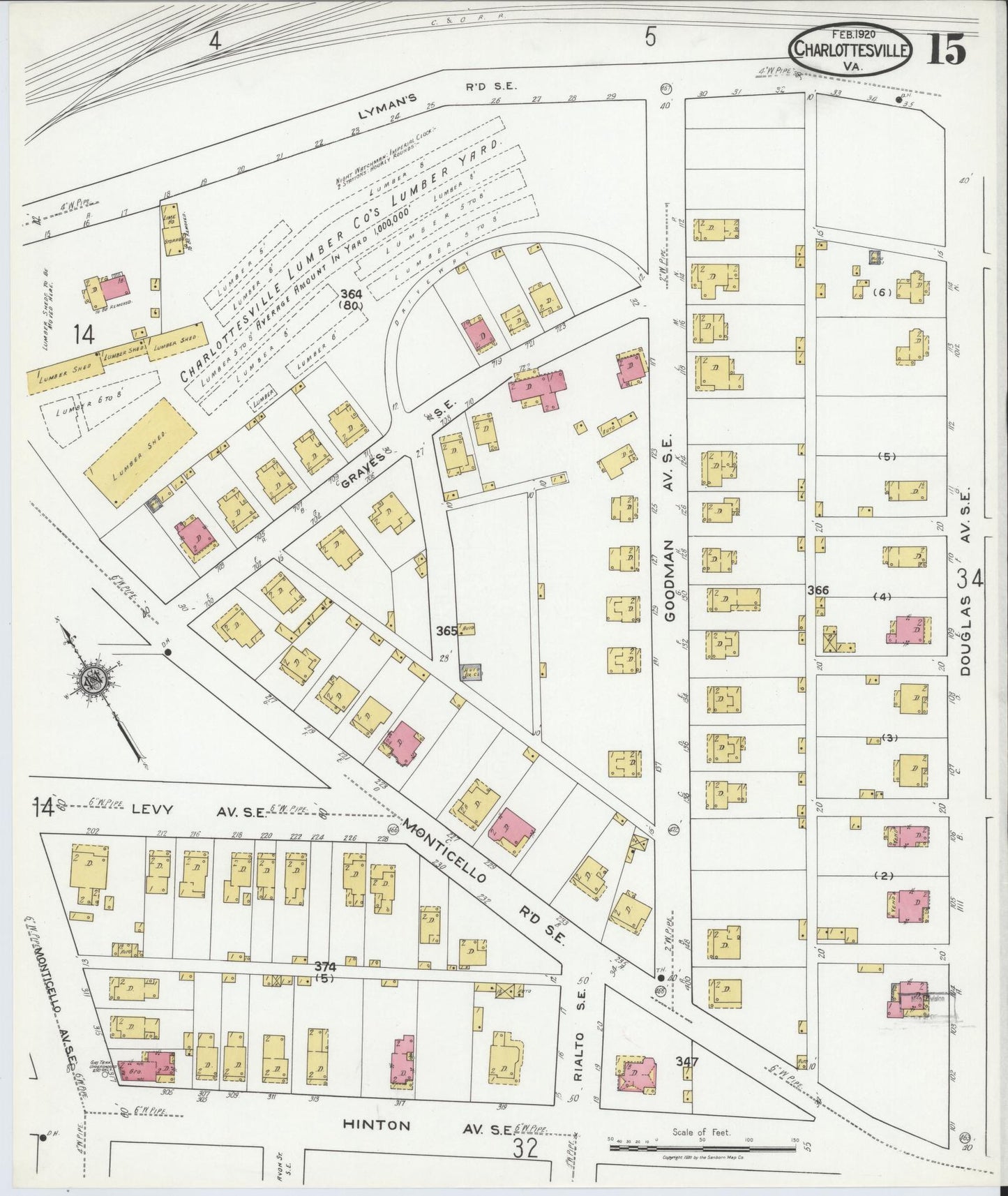 Sanborn Fire Insurance Map from Charlottesville, Independent Cities, Virginia (1920), Sheet #0015 - Complete Map Set gallery image, historic Sanborn map, vintage wall art, Virginia Virginia