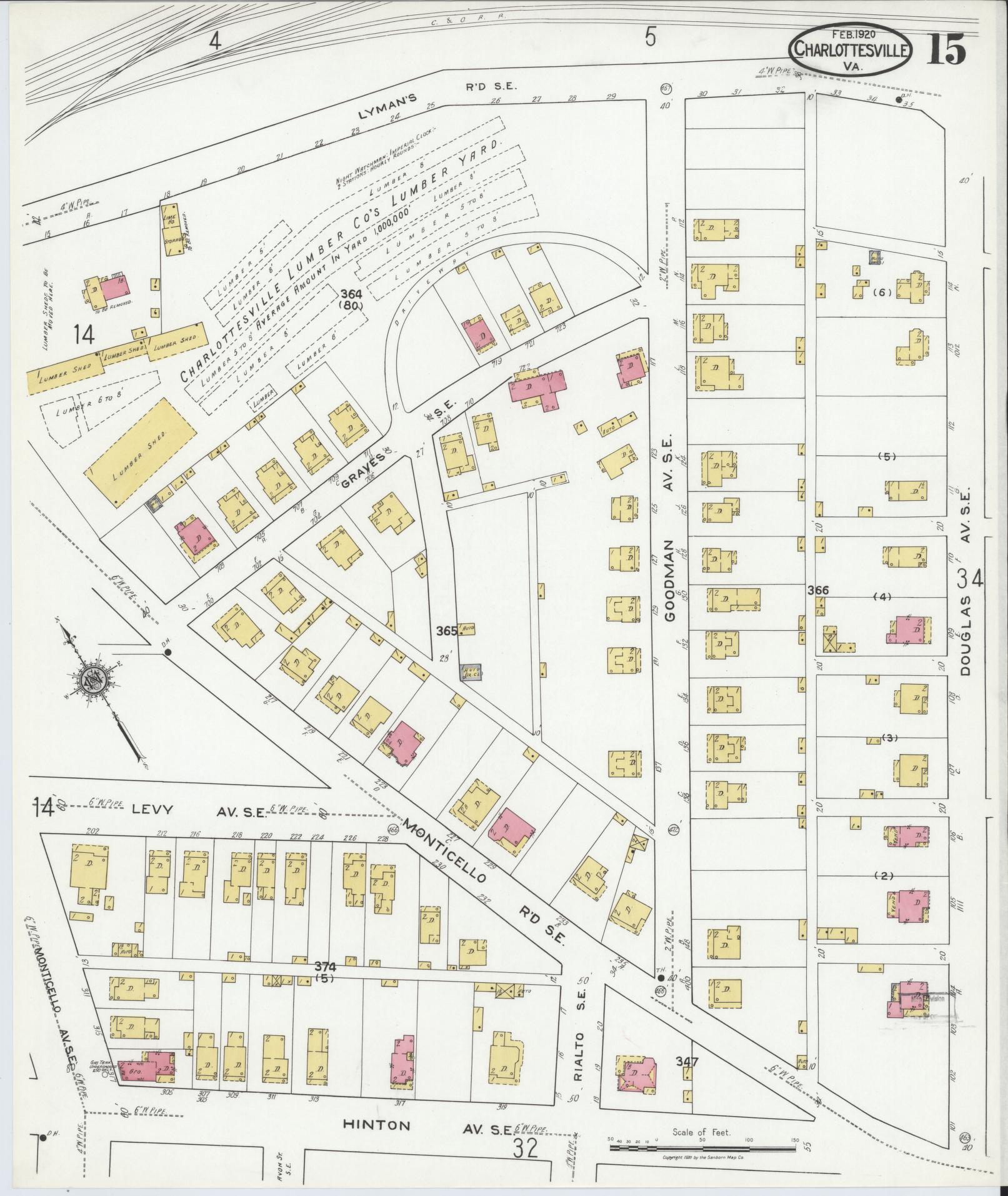 Sanborn Fire Insurance Map from Charlottesville, Independent Cities, Virginia (1920), Sheet #0015 - Complete Map Set gallery image, historic Sanborn map, vintage wall art, Virginia Virginia
