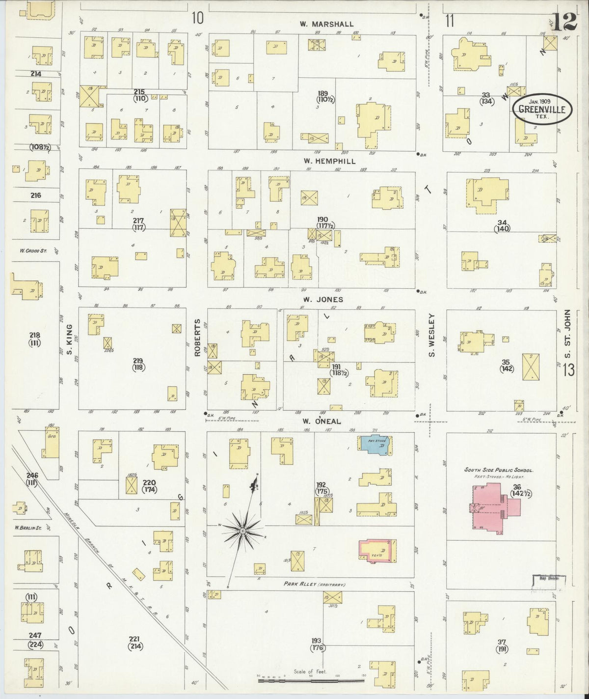 Sanborn Fire Insurance Map from Greenville, Hunt County, Texas (1909), Sheet #0012 - Complete Map Set gallery image, historic Sanborn map, vintage wall art, Texas Texas