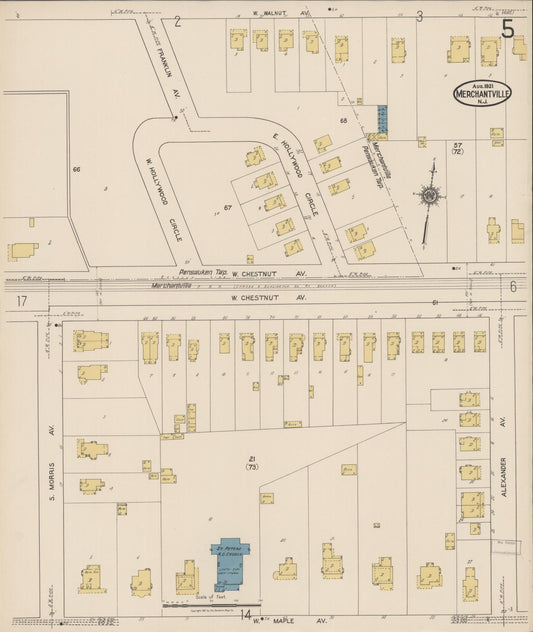 Sanborn Fire Insurance Map from Merchantville, Camden County, New Jersey (1921), Sheet #0005 - Historic Sanborn Fire Insurance Map Print, vintage old map wall art, antique decor, genealogy gift, New Jersey New Jersey map