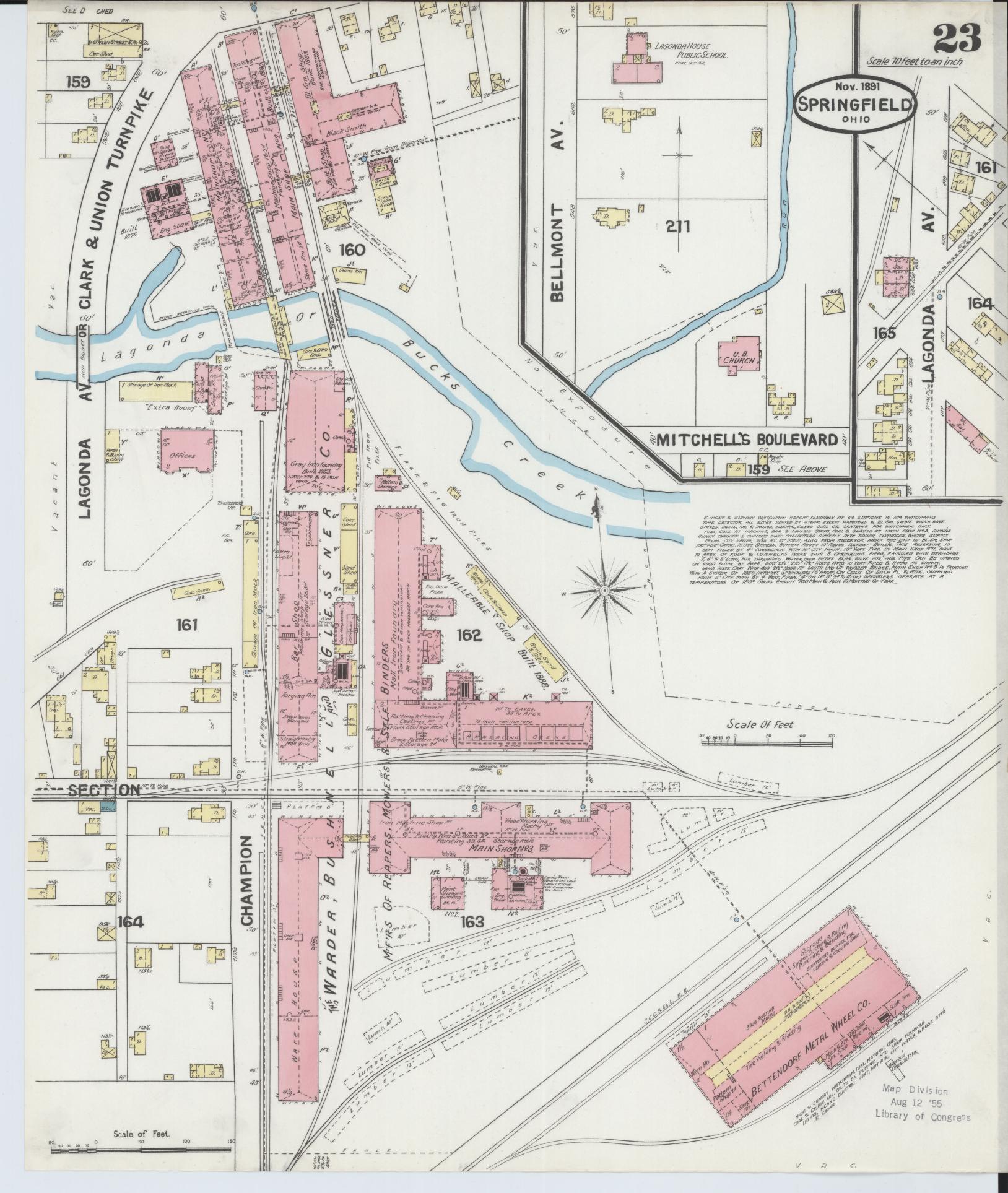 Sanborn Fire Insurance Map from Springfield, Clark County, Ohio (1891), Sheet #0023 - Historic Sanborn Fire Insurance Map Print, vintage old map wall art, antique decor, genealogy gift, Ohio Ohio map