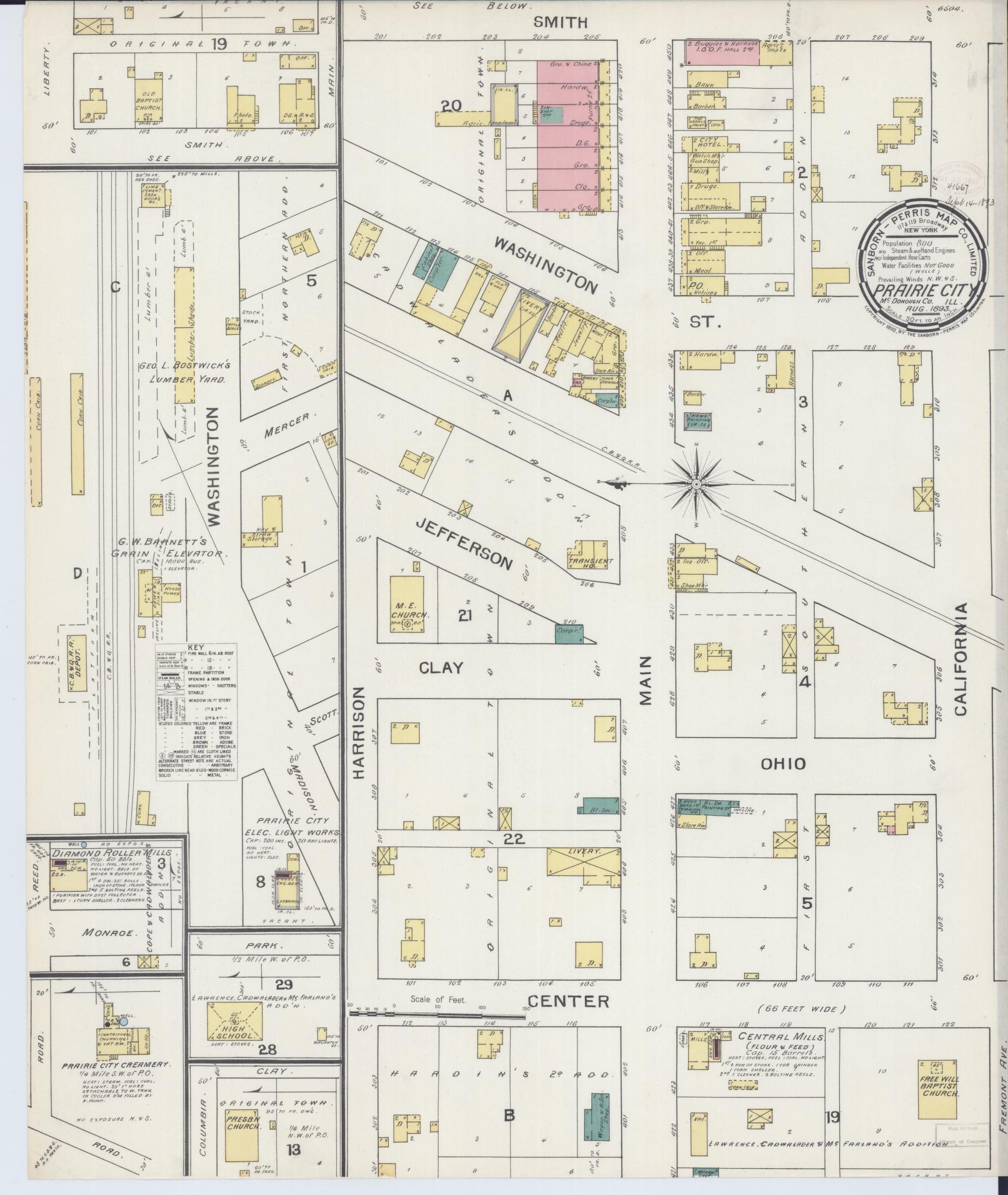 Sanborn Fire Insurance Map from Prairie City, Mcdonough County, Illinois (1893), Sheet #0001 - Complete Map Set gallery image, historic Sanborn map, vintage wall art, Illinois Illinois