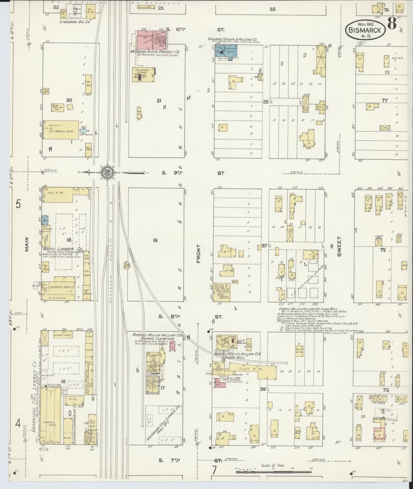 Sanborn Fire Insurance Map from Bismarck, Burleigh County, North Dakota (1912), Sheet #0008 - Complete Map Set gallery image, historic Sanborn map, vintage wall art, North Dakota North Dakota
