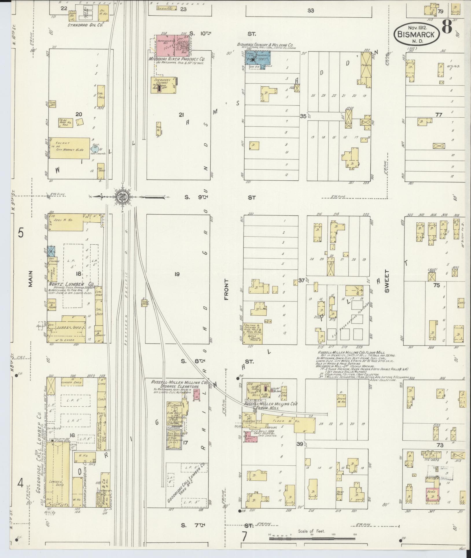 Sanborn Fire Insurance Map from Bismarck, Burleigh County, North Dakota (1912), Sheet #0008 - Complete Map Set gallery image, historic Sanborn map, vintage wall art, North Dakota North Dakota