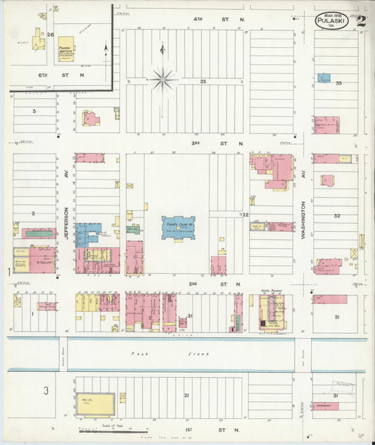 Sanborn Fire Insurance Map from Pulaski, Pulaski County, Virginia (1908), Sheet #0002 - Historic Sanborn Fire Insurance Map Print, vintage old map wall art, antique decor, genealogy gift, Virginia Virginia map