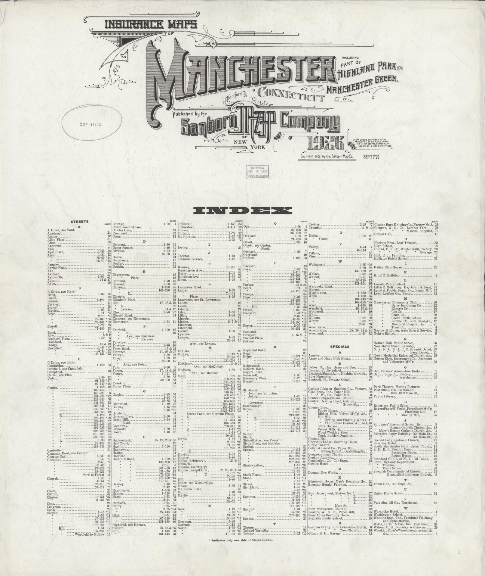 Sanborn Fire Insurance Map from Manchester, Hartford County, Connecticut. (1926), Sheet 1 – Historic Sanborn Fire Insurance Map Print