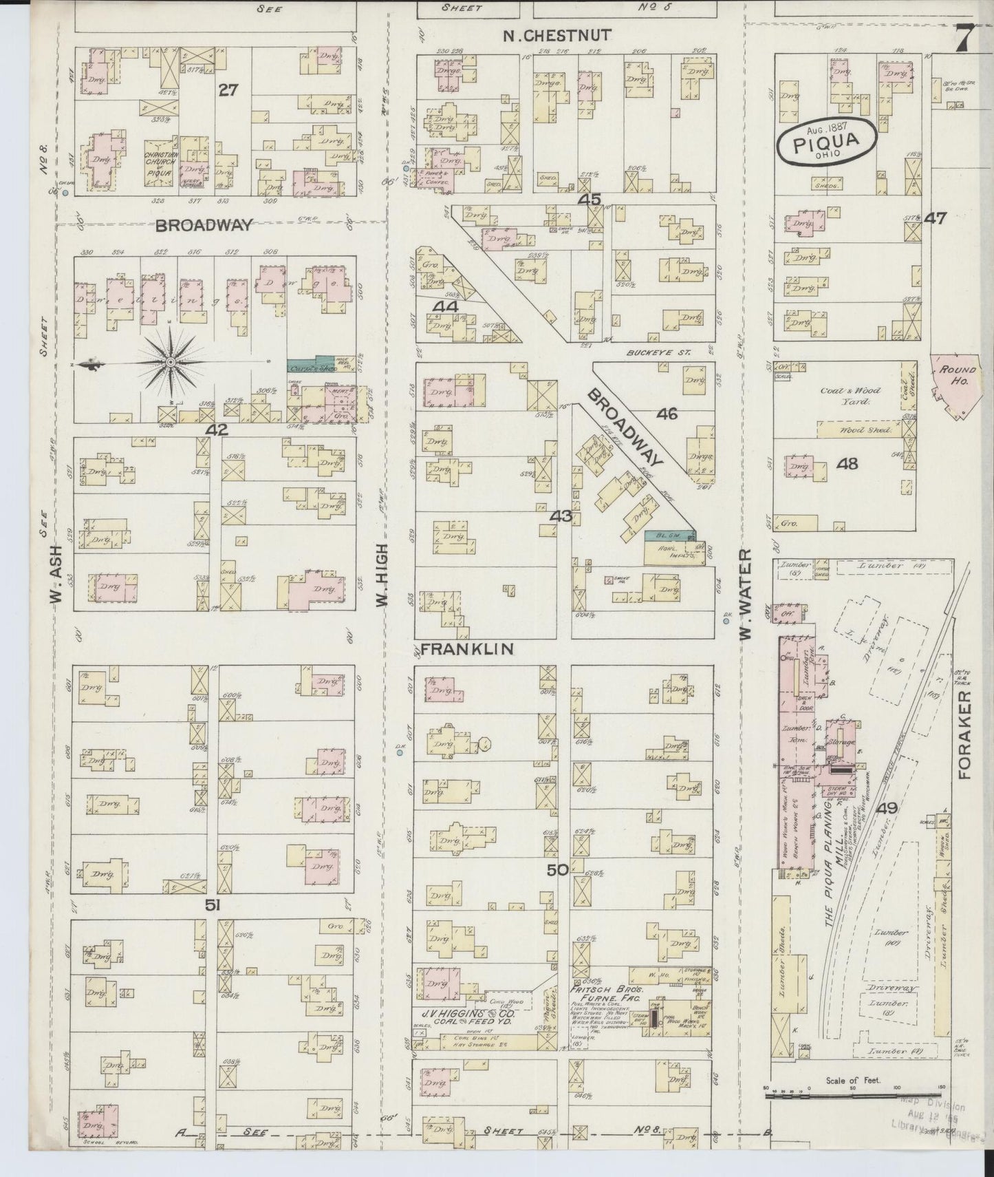 Sanborn Fire Insurance Map from Piqua, Miami County, Ohio (1887), Sheet #0007 - Complete Map Set gallery image, historic Sanborn map, vintage wall art, Ohio Ohio