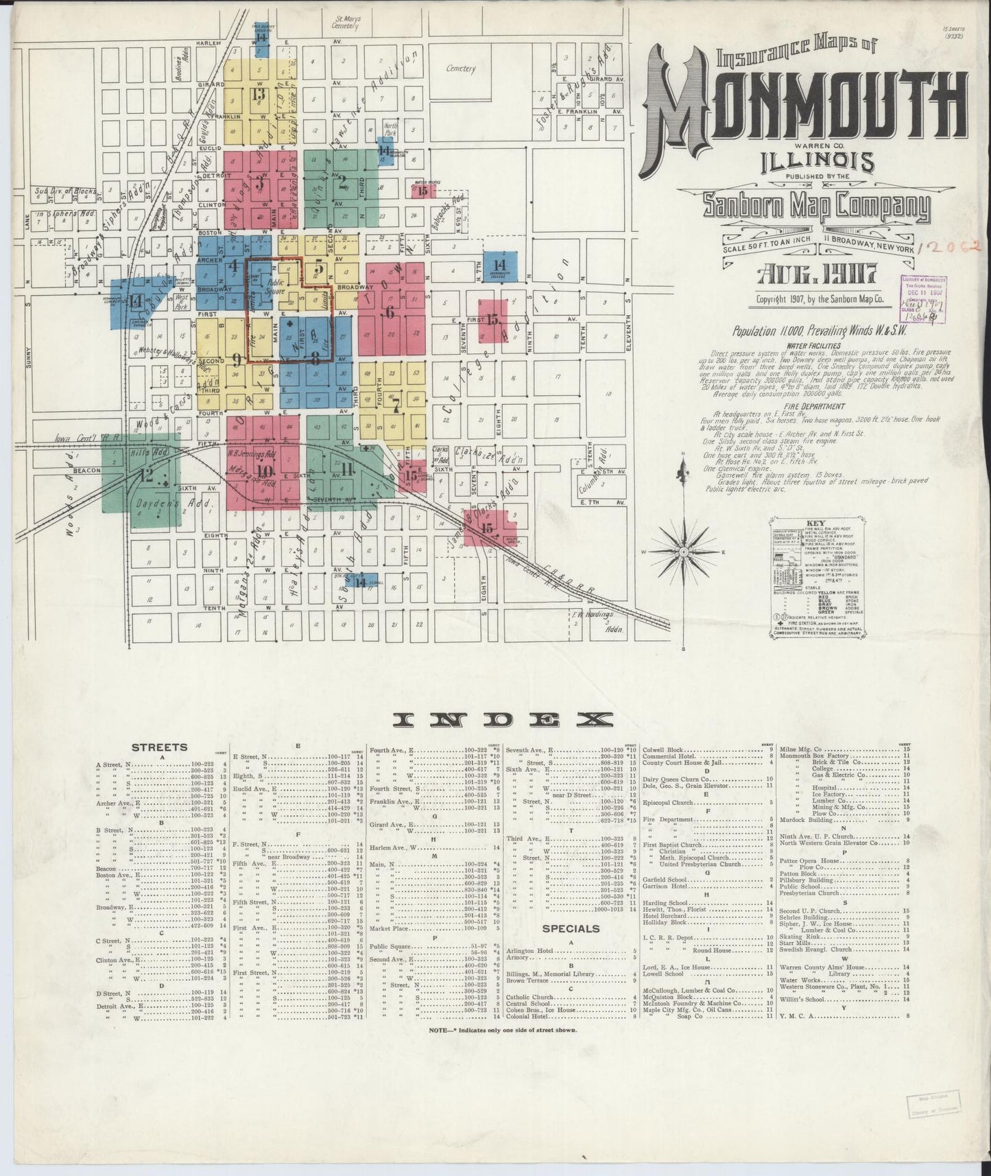 Sanborn Fire Insurance Map from Monmouth, Warren County, Illinois (1907), Sheet #0001 - Complete Map Set gallery image, historic Sanborn map, vintage wall art, Illinois Illinois