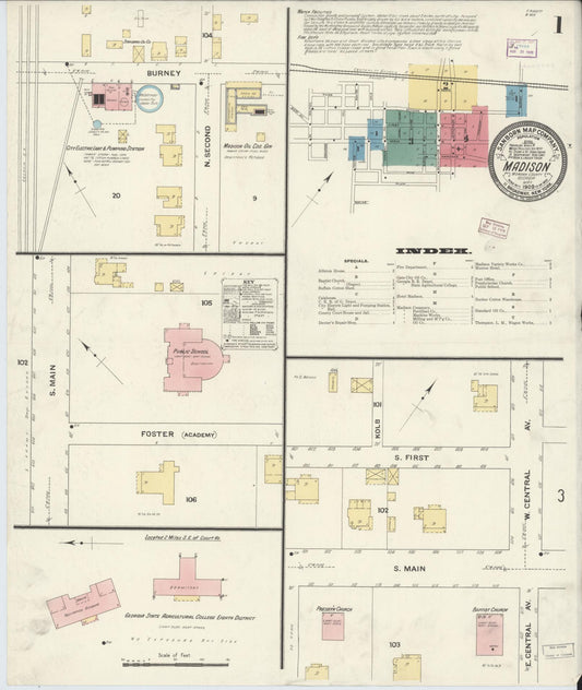 Sanborn Fire Insurance Map from Madison, Morgan County, Georgia (1909), Sheet #0001 - Historic Sanborn Fire Insurance Map Print, vintage old map wall art, antique decor, genealogy gift, Georgia Georgia map