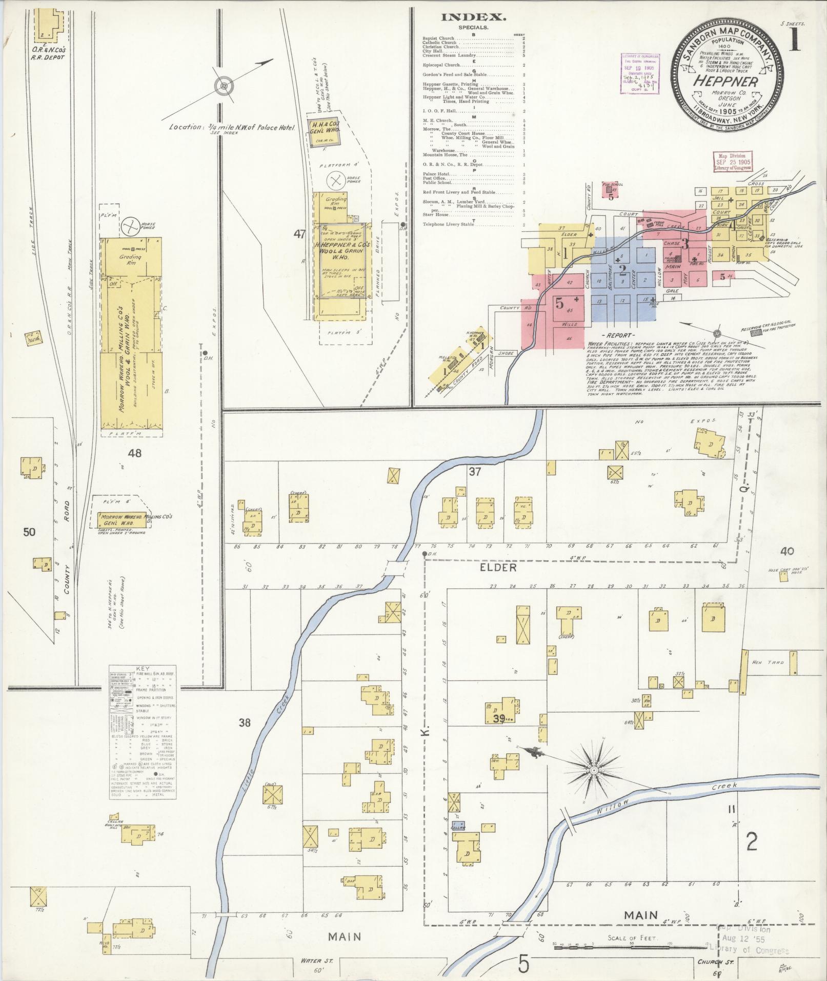 Sanborn Fire Insurance Map from Heppner, Morrow County, Oregon (1905), Sheet #0001 - Historic Sanborn Fire Insurance Map Print, vintage old map wall art, antique decor, genealogy gift, Oregon Oregon map
