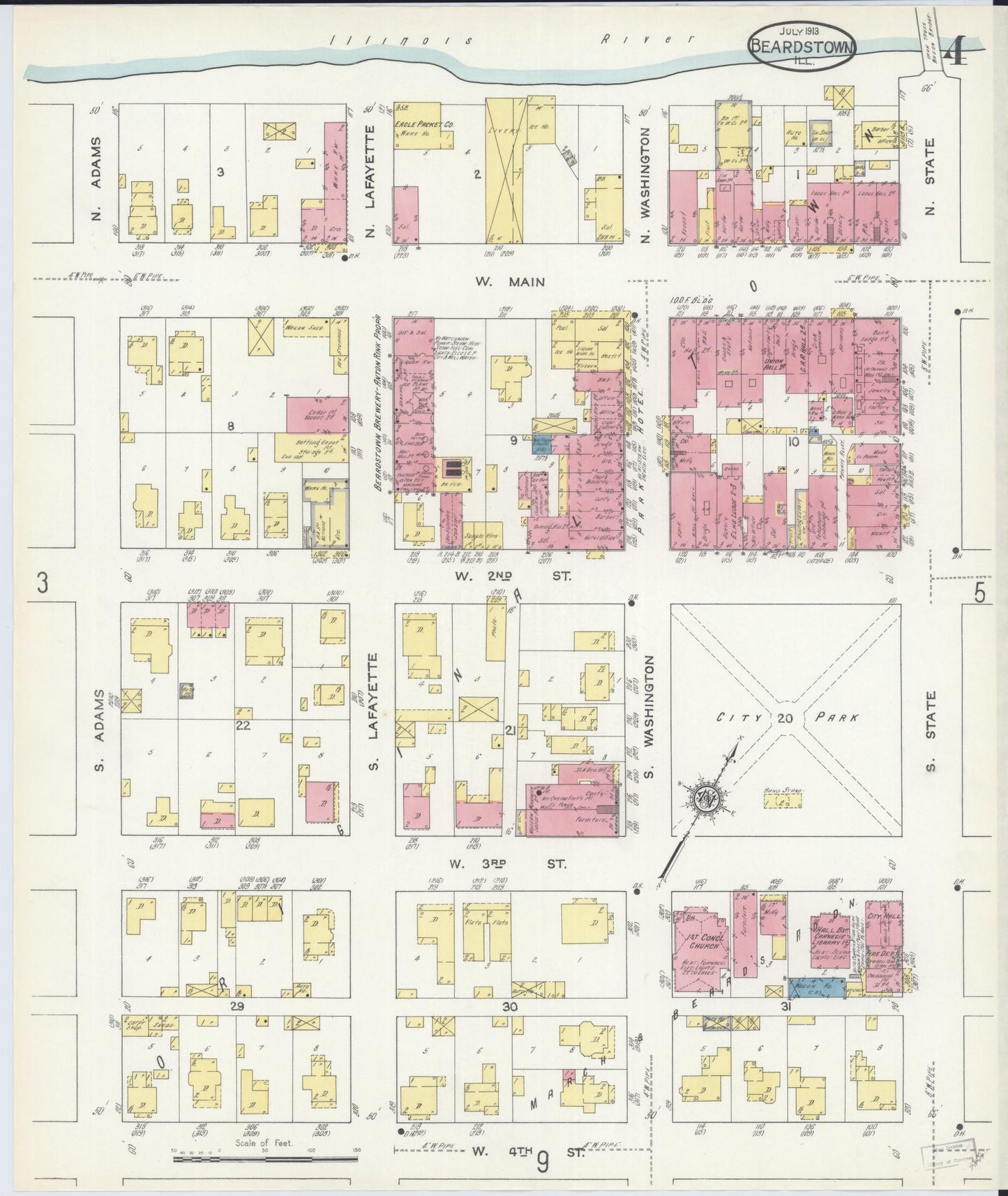 Sanborn Fire Insurance Map from Beardstown, Cass County, Illinois (1913), Sheet #0004 - Historic Sanborn Fire Insurance Map Print, vintage old map wall art, antique decor, genealogy gift, Illinois Illinois map