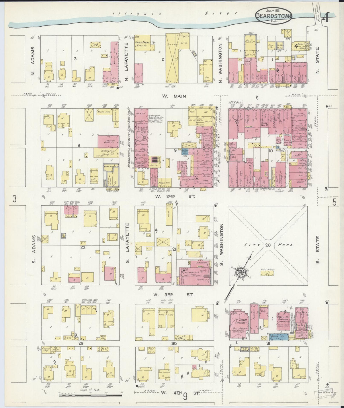 Sanborn Fire Insurance Map from Beardstown, Cass County, Illinois (1913), Sheet #0004 - Historic Sanborn Fire Insurance Map Print, vintage old map wall art, antique decor, genealogy gift, Illinois Illinois map