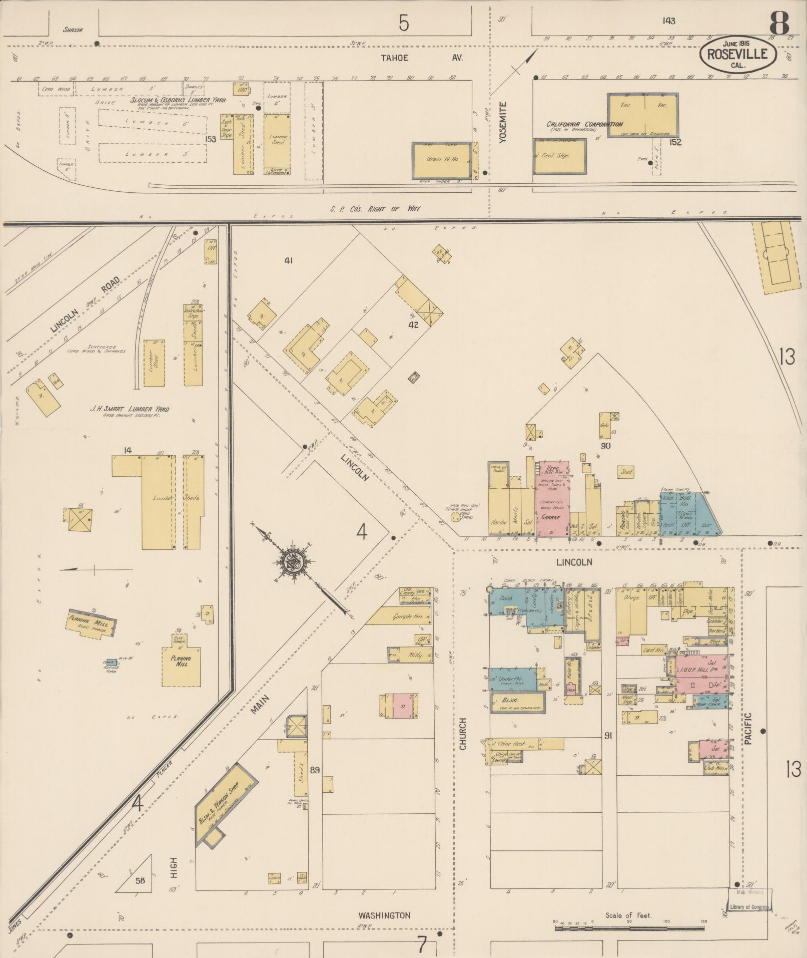 Sanborn Fire Insurance Map from Roseville, Placer County, California (1915), Sheet #0008 - Complete Map Set gallery image, historic Sanborn map, vintage wall art, California California