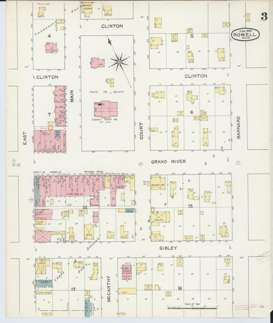 Sanborn Fire Insurance Map from Howell, Livingston County, Michigan (1892), Sheet #0003 - Historic Sanborn Fire Insurance Map Print, vintage old map wall art, antique decor, genealogy gift, Michigan Michigan map