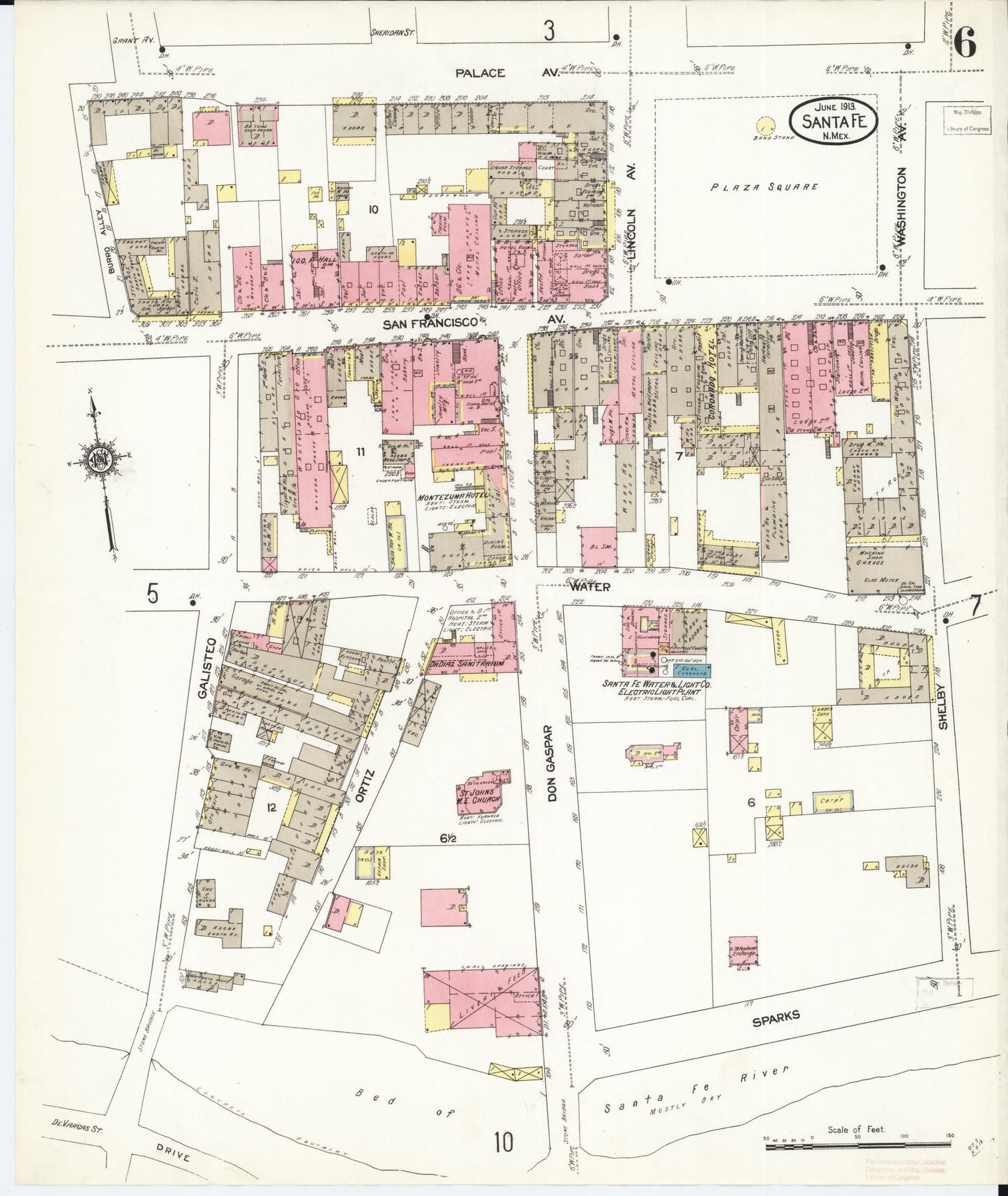 Sanborn Fire Insurance Map from Santa Fe, Santa Fe County, New Mexico (1913), Sheet #0006 - Historic Sanborn Fire Insurance Map Print, vintage old map wall art, antique decor, genealogy gift, New Mexico New Mexico map