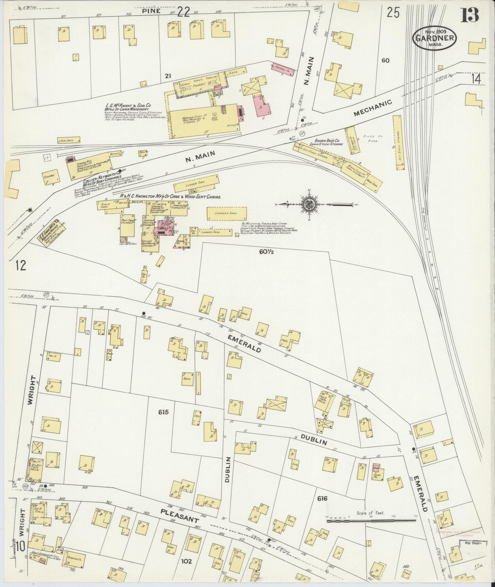 Sanborn Fire Insurance Map from Gardner, Worcester County, Massachusetts (1909), Sheet #0013 - Historic Sanborn Fire Insurance Map Print, vintage old map wall art, antique decor, genealogy gift, Massachusetts Massachusetts map