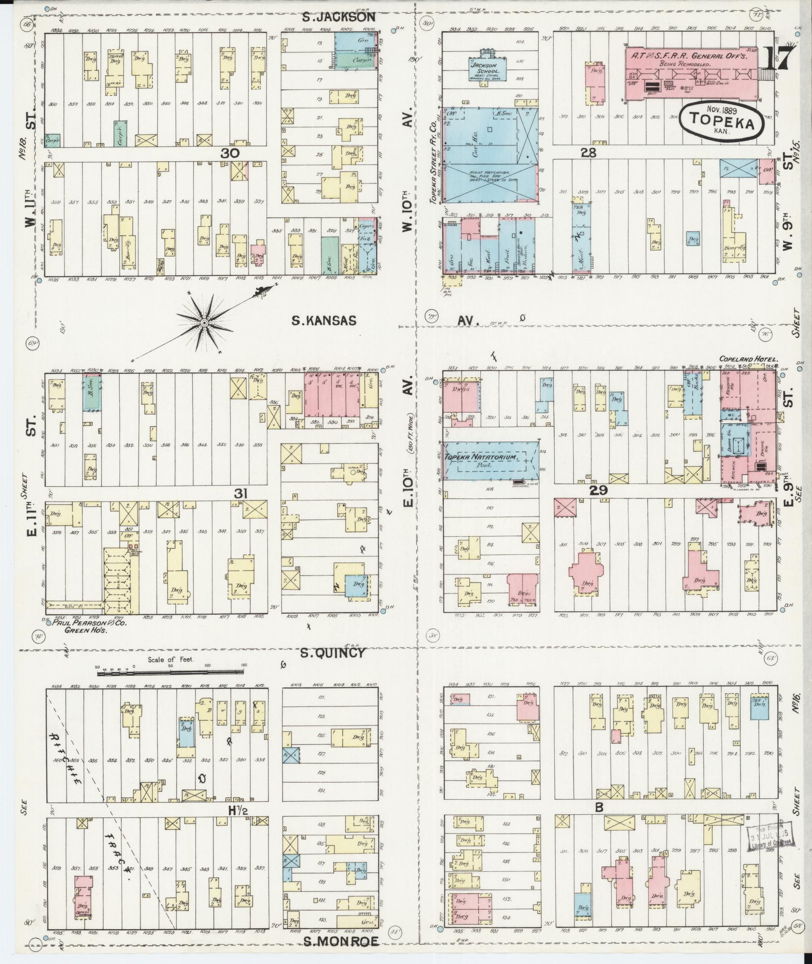 Sanborn Fire Insurance Map from Topeka, Shawnee County, Kansas (1889), Sheet #0018 - Historic Sanborn Fire Insurance Map Print, vintage old map wall art, antique decor, genealogy gift, Kansas Kansas map
