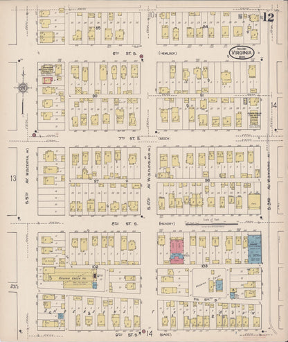 Sanborn Fire Insurance Map from Virginia, Saint Louis County, Minnesota (1921), Sheet #0012 - Complete Map Set gallery image, historic Sanborn map, vintage wall art, Minnesota Minnesota