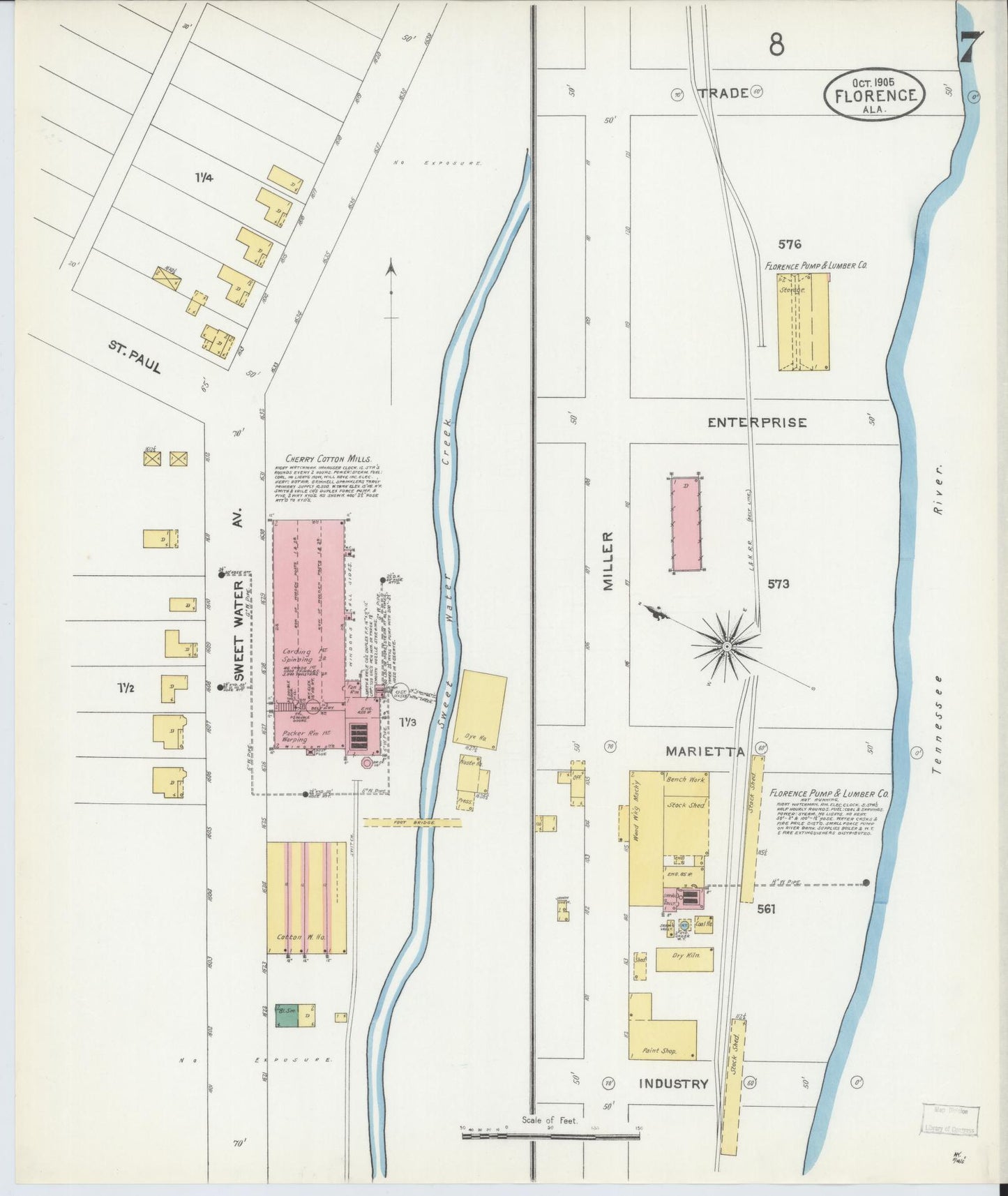 Sanborn Fire Insurance Map from Florence, Lauderdale County, Alabama (1905), Sheet #0007 - Historic Sanborn Fire Insurance Map Print, vintage old map wall art, antique decor, genealogy gift, Alabama Alabama map
