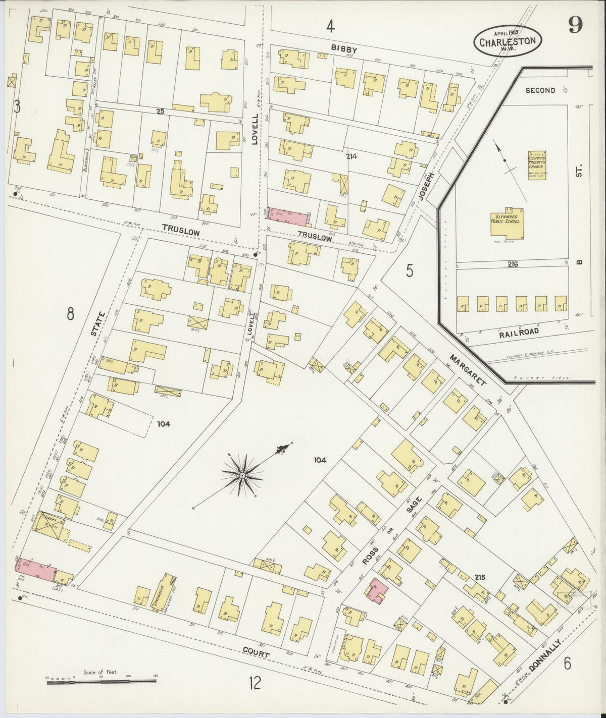 Sanborn Fire Insurance Map from Charleston, Kanawha County, West Virginia (1907), Sheet #0009 - Complete Map Set gallery image, historic Sanborn map, vintage wall art, West Virginia West Virginia